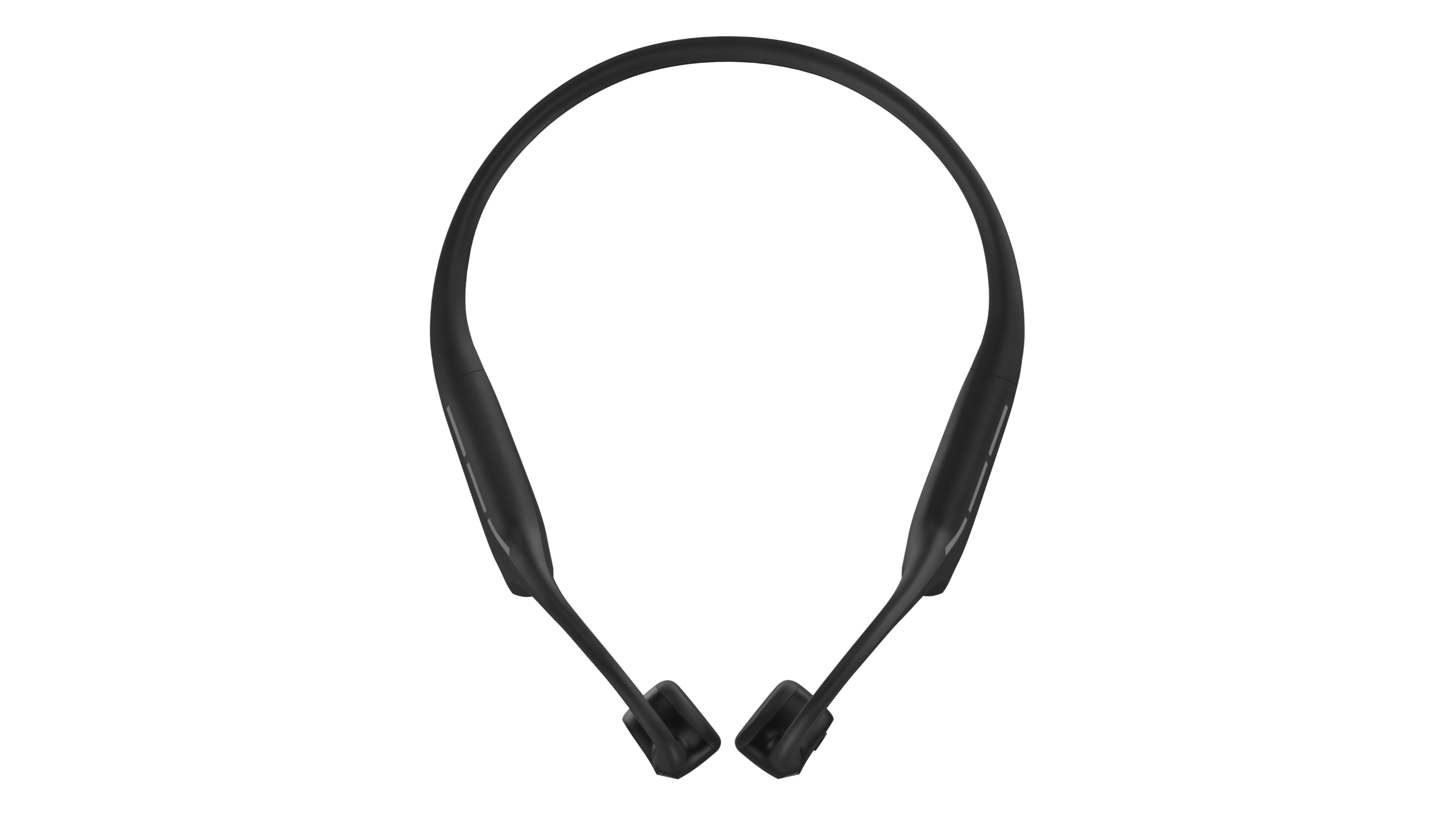 Czarne słuchawki na szyję na czarnym tle. Słuchawki są zakrzywione.