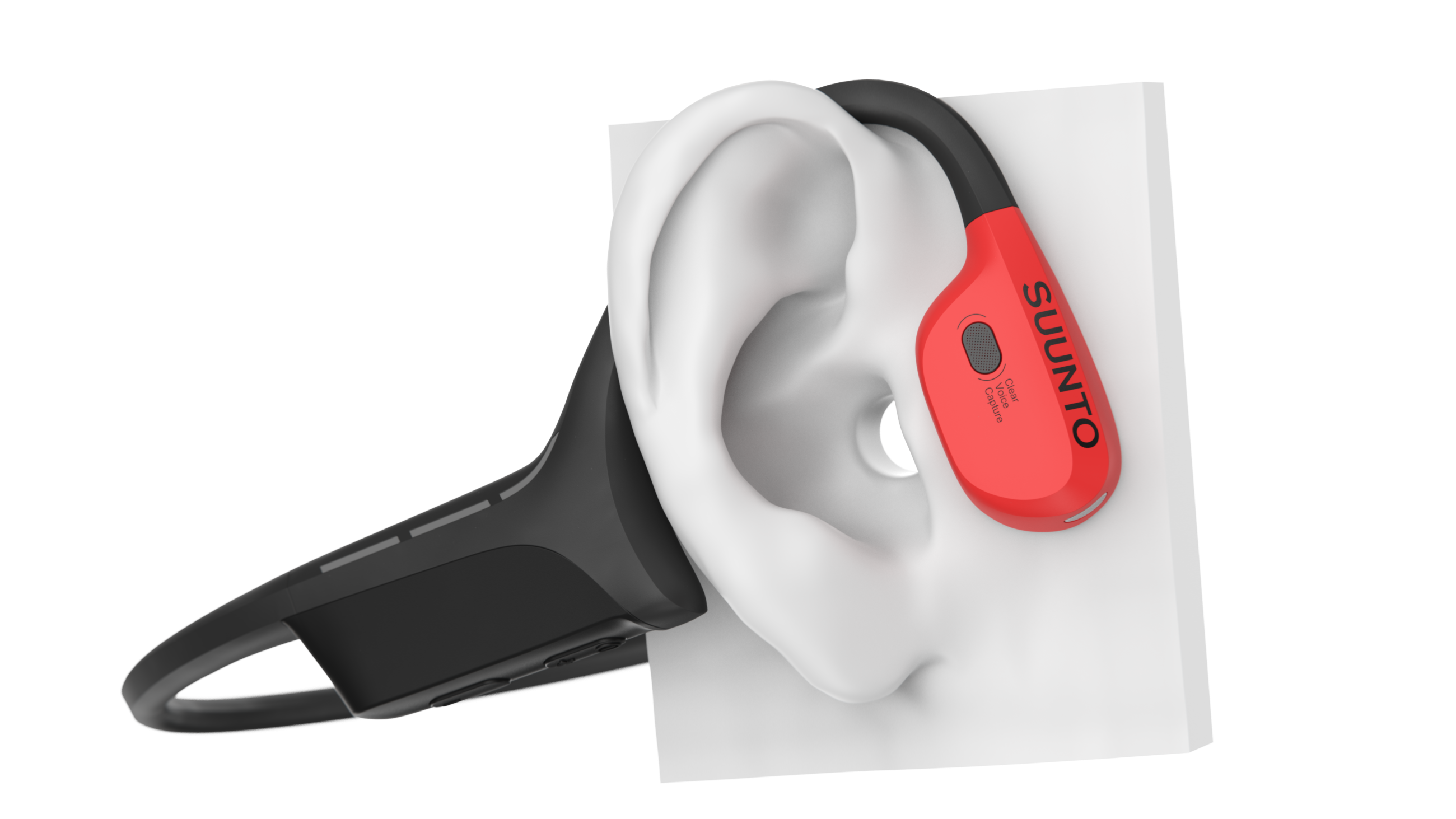Czerwone i czarne słuchawki Suunto. Ucho ustawione, aby pokazać dopasowanie.