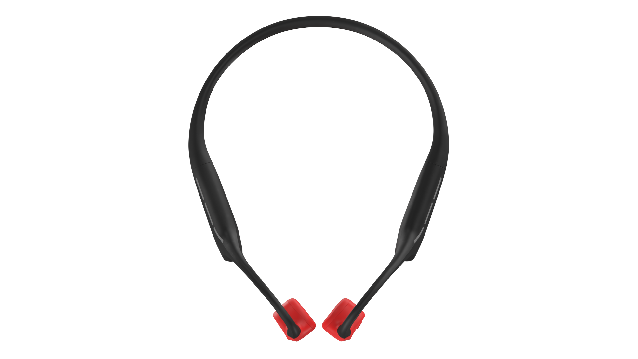 Czarne słuchawki na szyję z czerwonymi końcówkami na czarnym tle, minimalistyczny design.