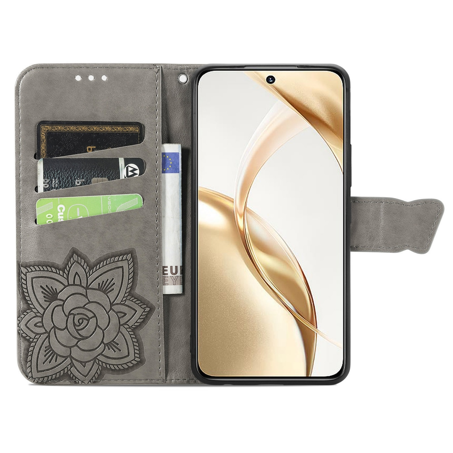 Eine graue Handyhülle mit einem Telefon. Es hat Karten und Geld darin, mit einem Blumendesign.