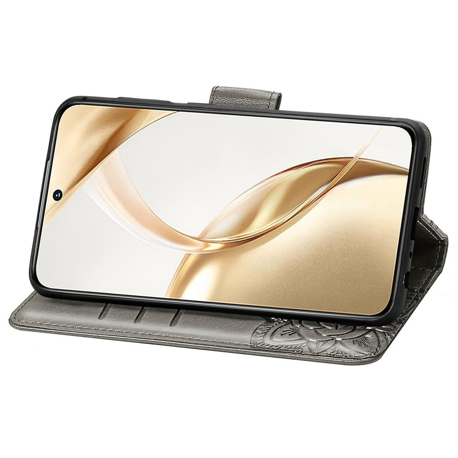 Ein Telefon in einem offenen grauen Etui. Das Telefon zeigt ein goldenes Design auf dem Bildschirm.