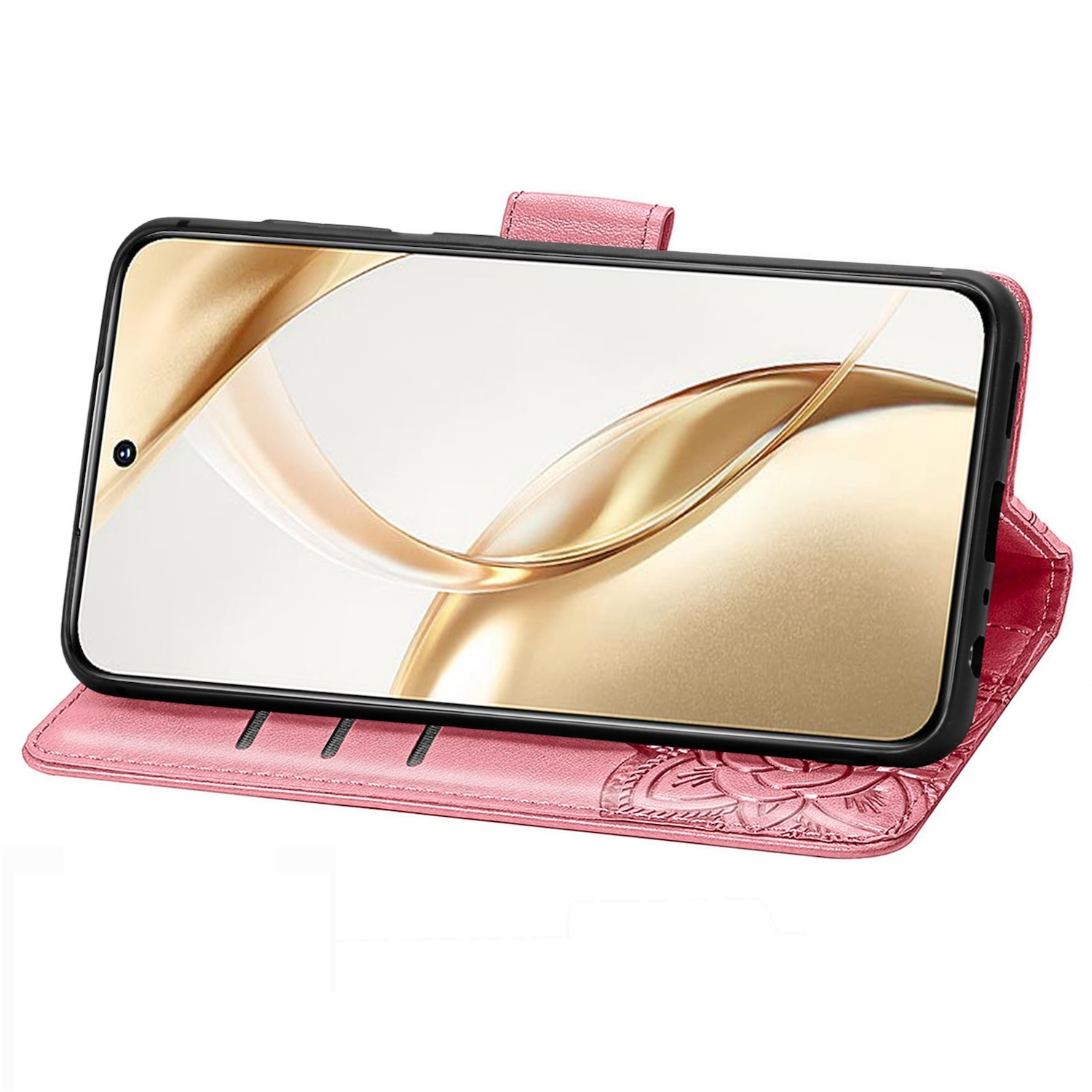 Geöffnete rosa Handyhülle mit Telefonbildschirm. Die Hülle hat ein Blumendesign.
