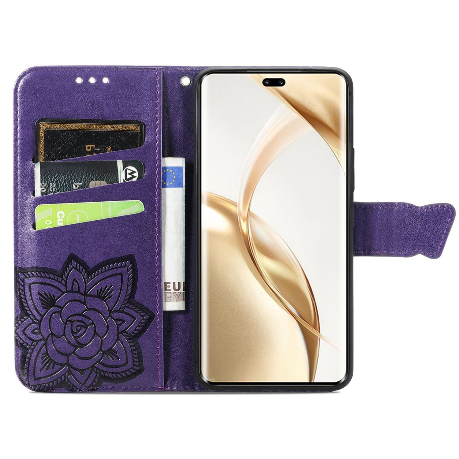 Lila Handyhülle, offen, mit Handy und Kartenfächern. Verziert mit floralem Design. Weißer Hintergrund.