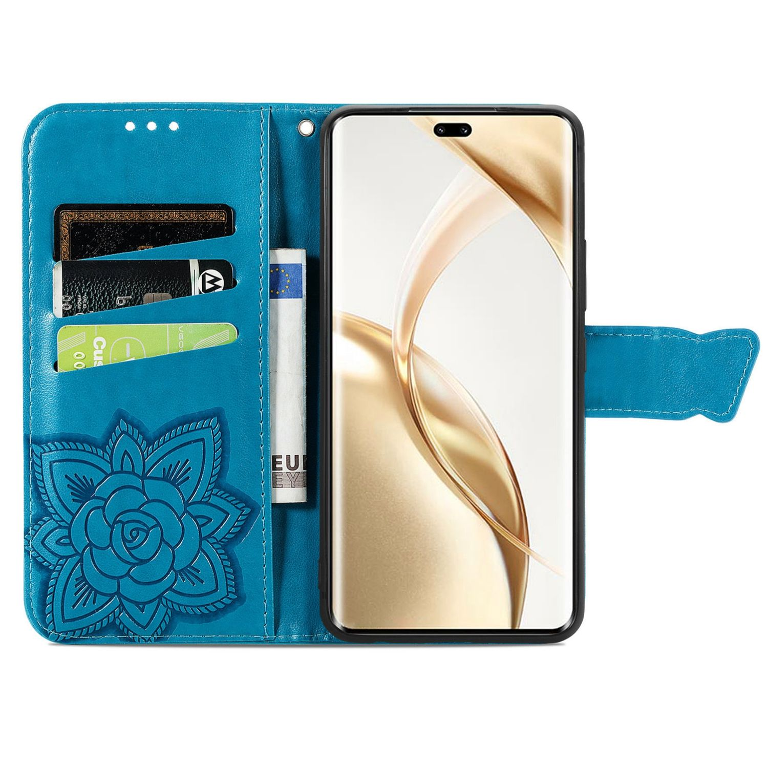 Blaue Handyhülle, geöffnet, mit Telefon, Karten und Euro-Schein, Blumendesign.