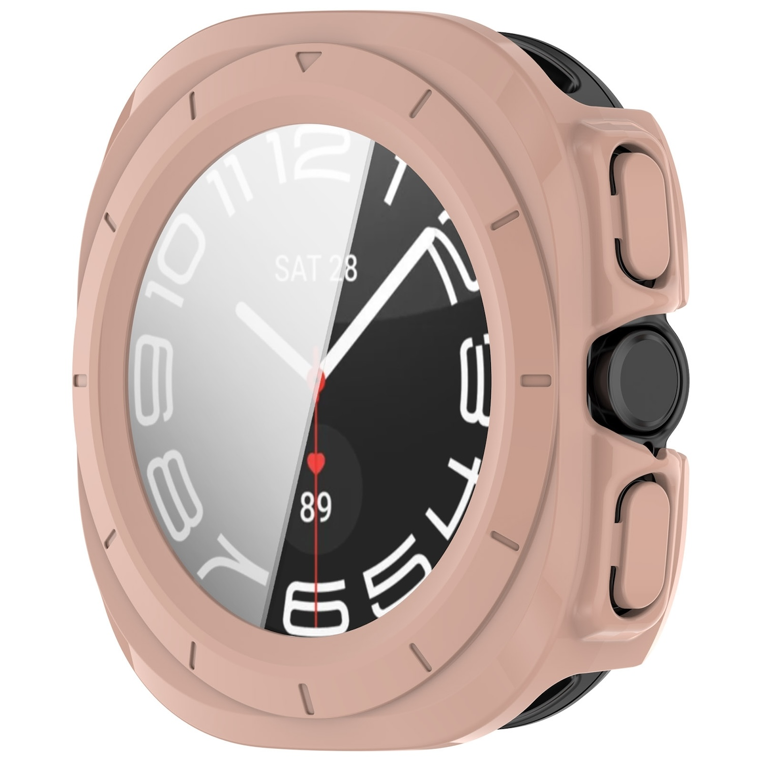Eine rosa Smartwatch mit weißem Zifferblatt, das das Datum und einen Herzfrequenzmesser anzeigt.