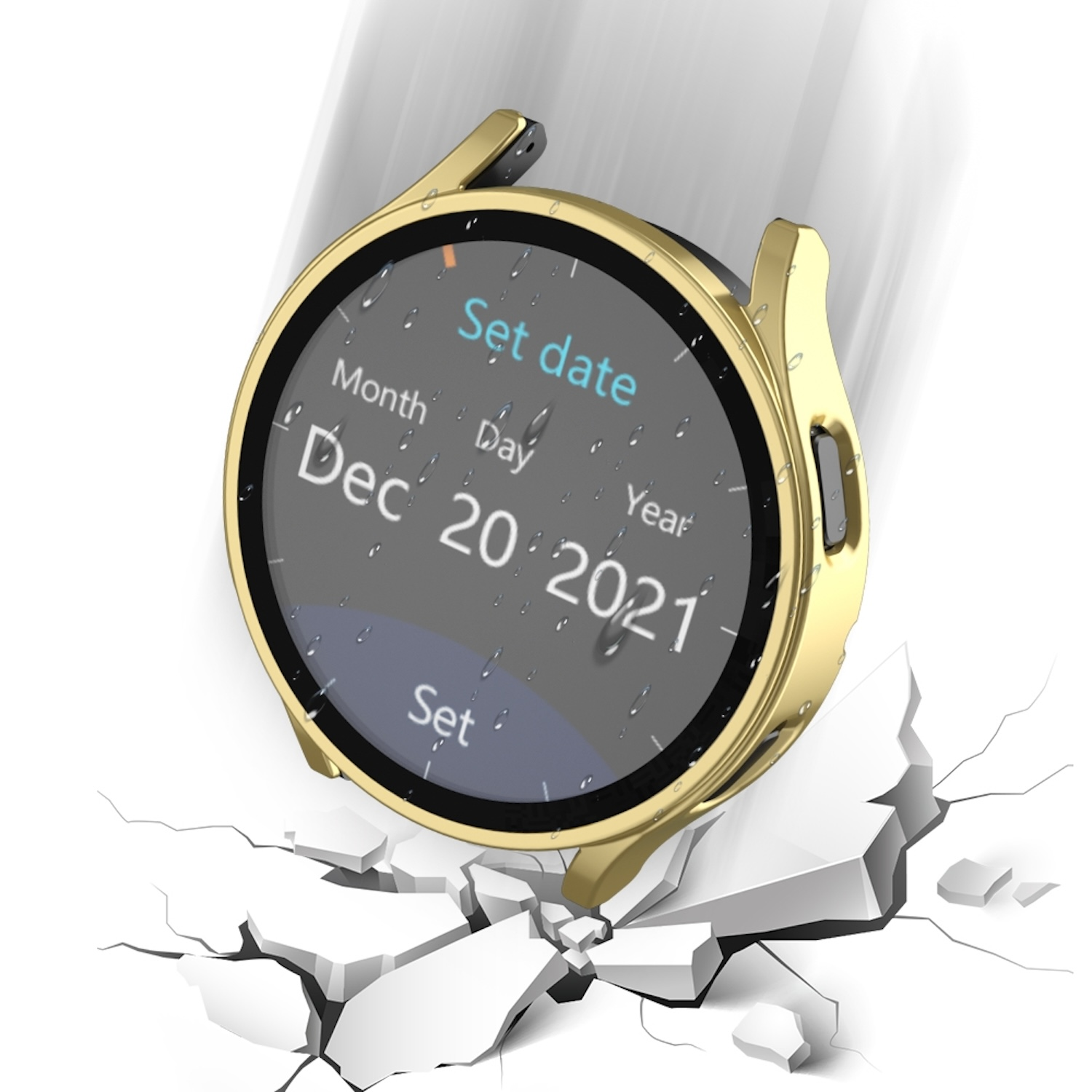 Ein goldfarbenes Smartwatch-Gehäuse mit schwarzem Bildschirm, das das Datum anzeigt, und eine weiße Oberfläche darunter.