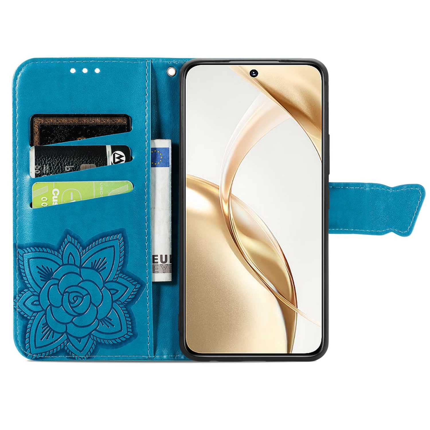 Eine tealfarbene Handyhülle, geöffnet, zeigt das Telefon mit Karten und Geld. Die Hülle hat ein Blumendesign.
