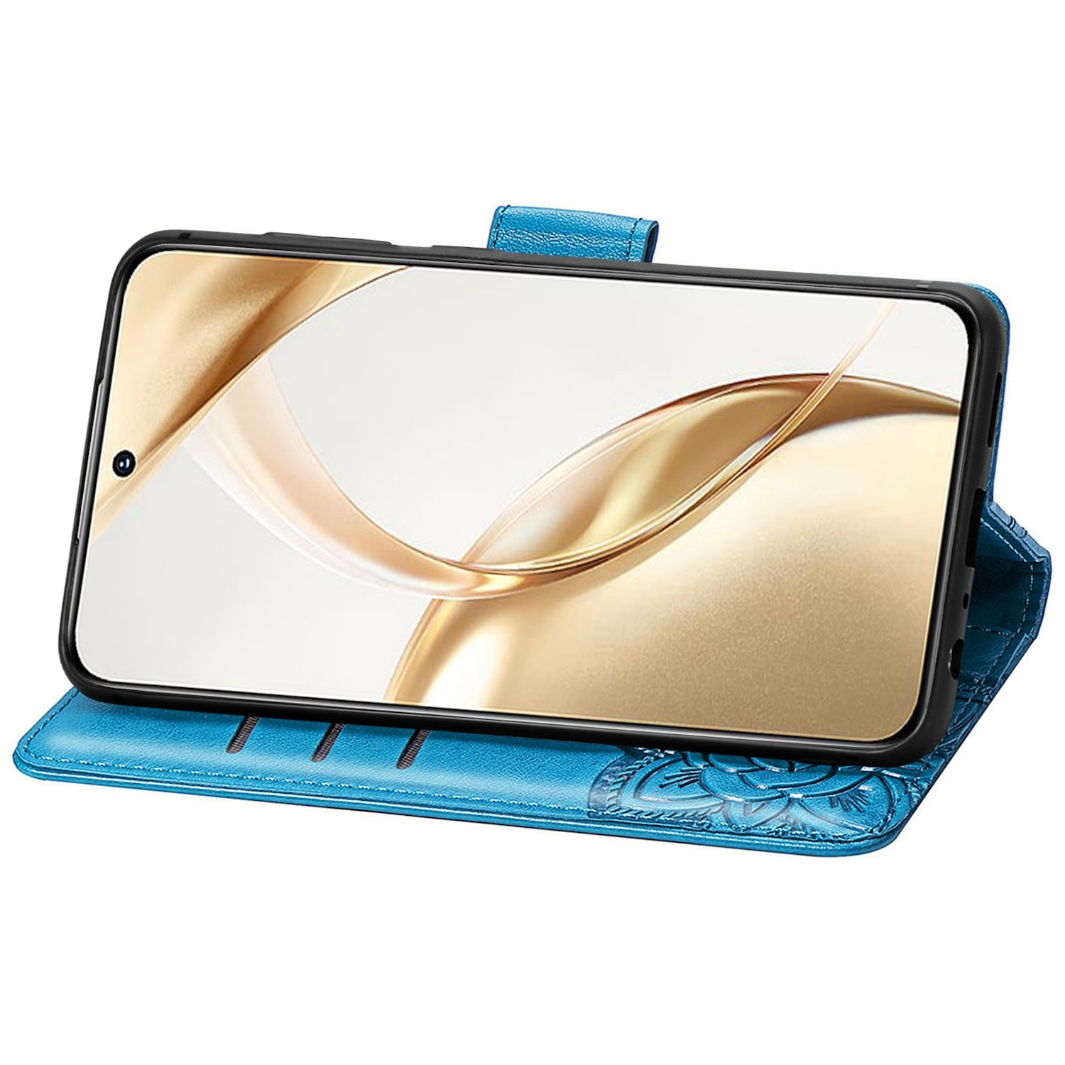 Blaue Handyhülle mit Telefon, mit floralem Muster.