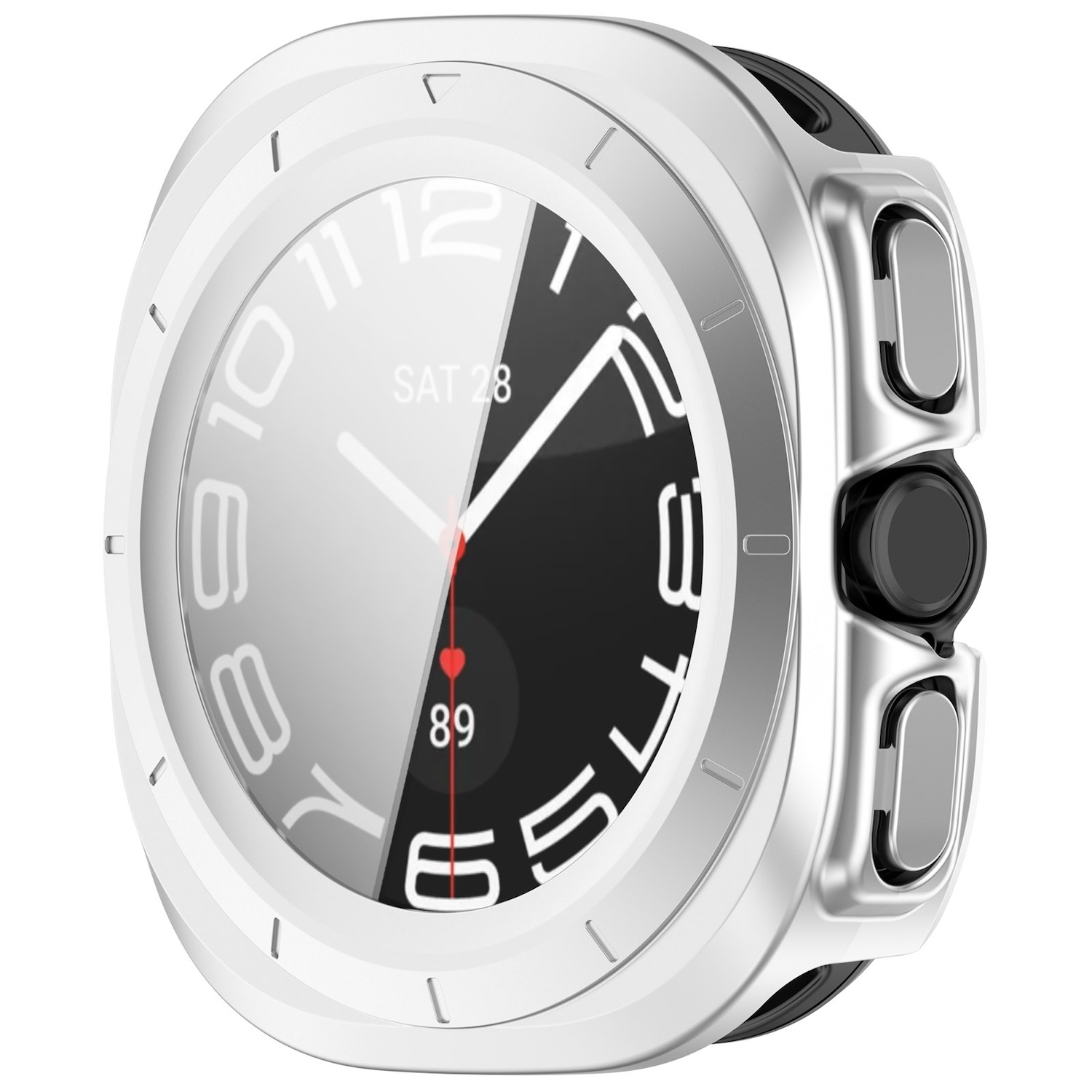 Smartwatch-Lünette. Weiß und Silber, mit schwarzem und weißem Zifferblatt. Zeigt Zeit und Herzfrequenz.