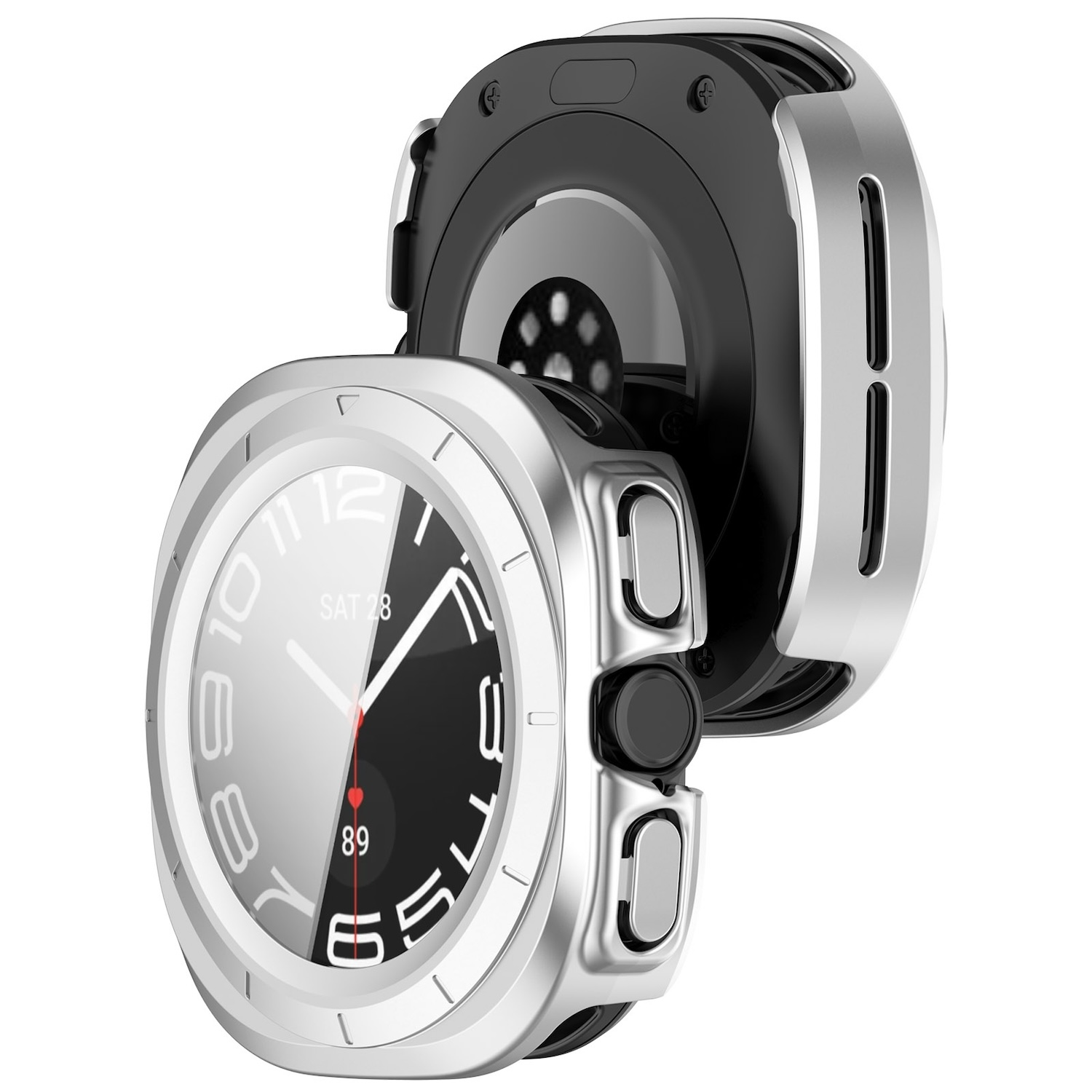 Ein silbernes Smartwatch-Gehäuse mit schwarzem Zifferblatt, das die Uhrzeit und die Herzfrequenz anzeigt.