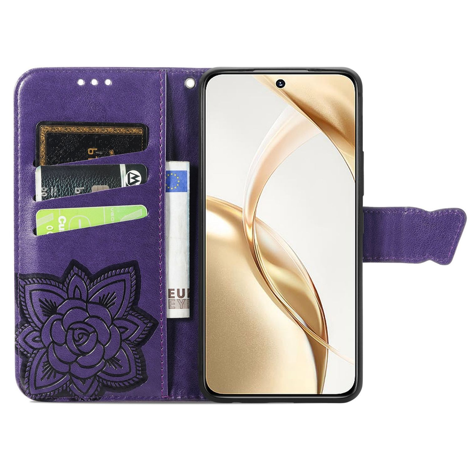 Eine lila Handyhülle mit Blumendesign, die ein Telefon, Karten und Geld hält.