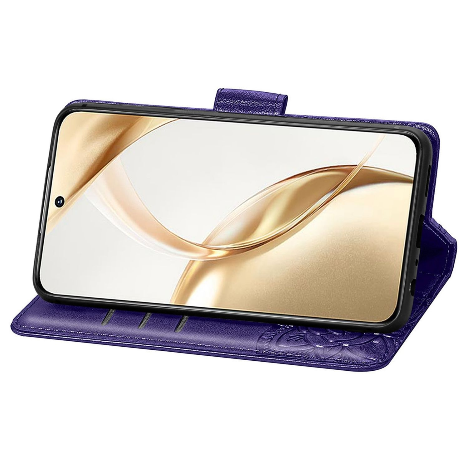 Eine lila Handyhülle mit floralem Prägedesign, die ein Smartphone mit goldenem Muster hält.