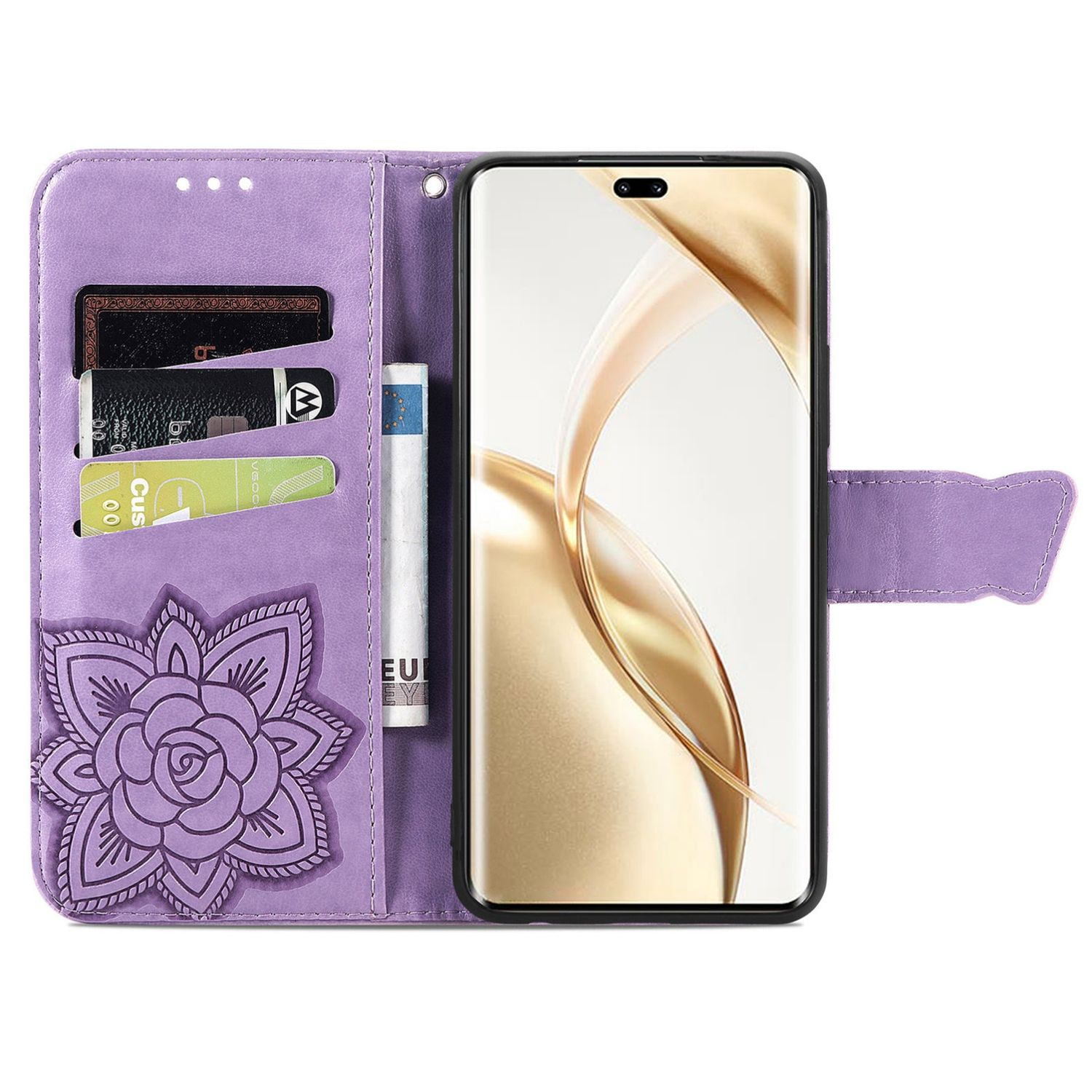 Eine lila Handyhülle mit einem Telefon, Kreditkarten und einer Blume.