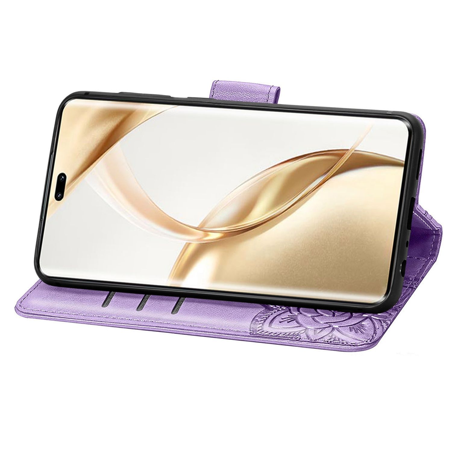 Eine lila Handyhülle mit Telefon. Der Bildschirm zeigt ein goldenes, abstraktes Design.