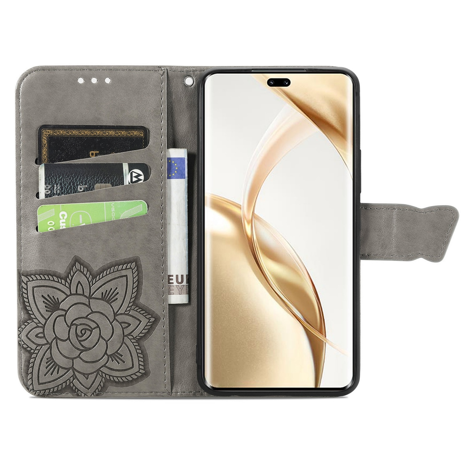 Graues Brieftaschenetui mit Telefon, Karten und Geld. Blumendesign.
