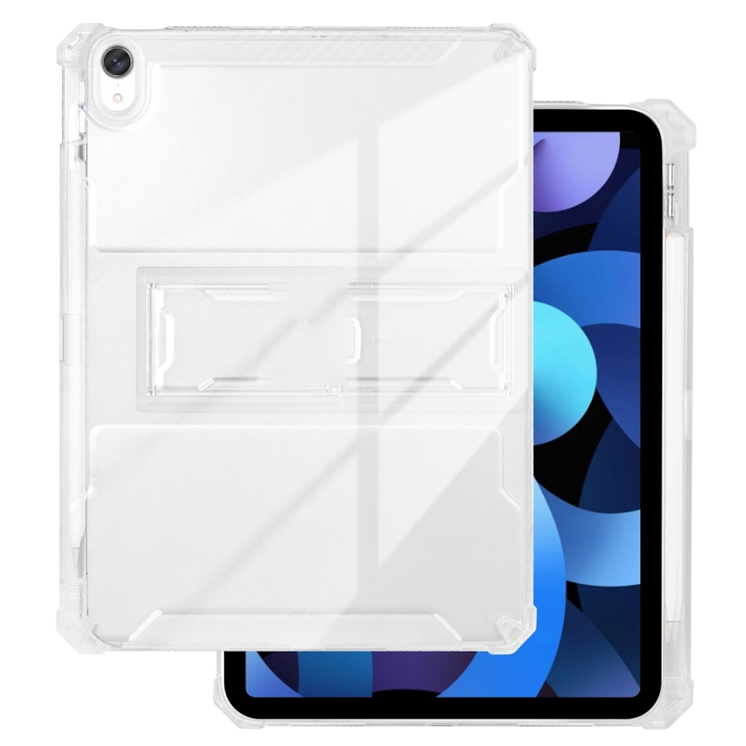 Transparente Schutzhülle für ein iPad mit blauem Bildschirm, auf weißer Oberfläche.