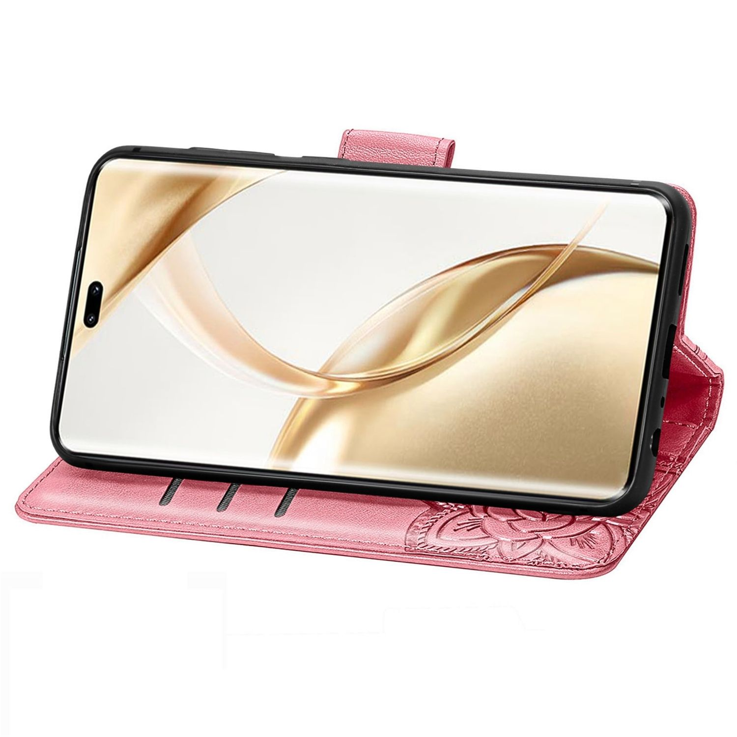 Rosa Handyhülle mit einem Telefon darin. Die Hülle hat ein Blumendesign und ist offen.