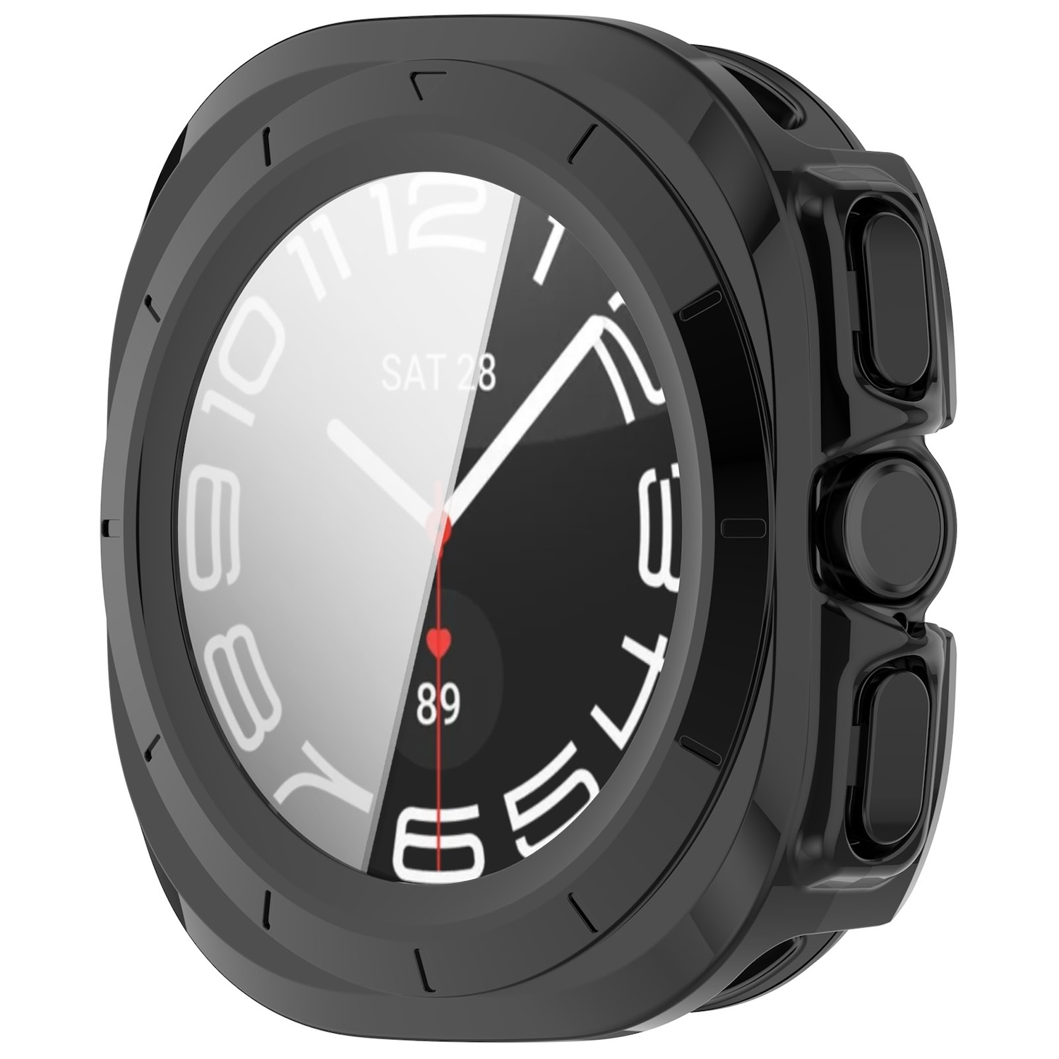 Schwarze Smartwatch mit weißem Zifferblatt, Zahlen und Herzfrequenzanzeige.