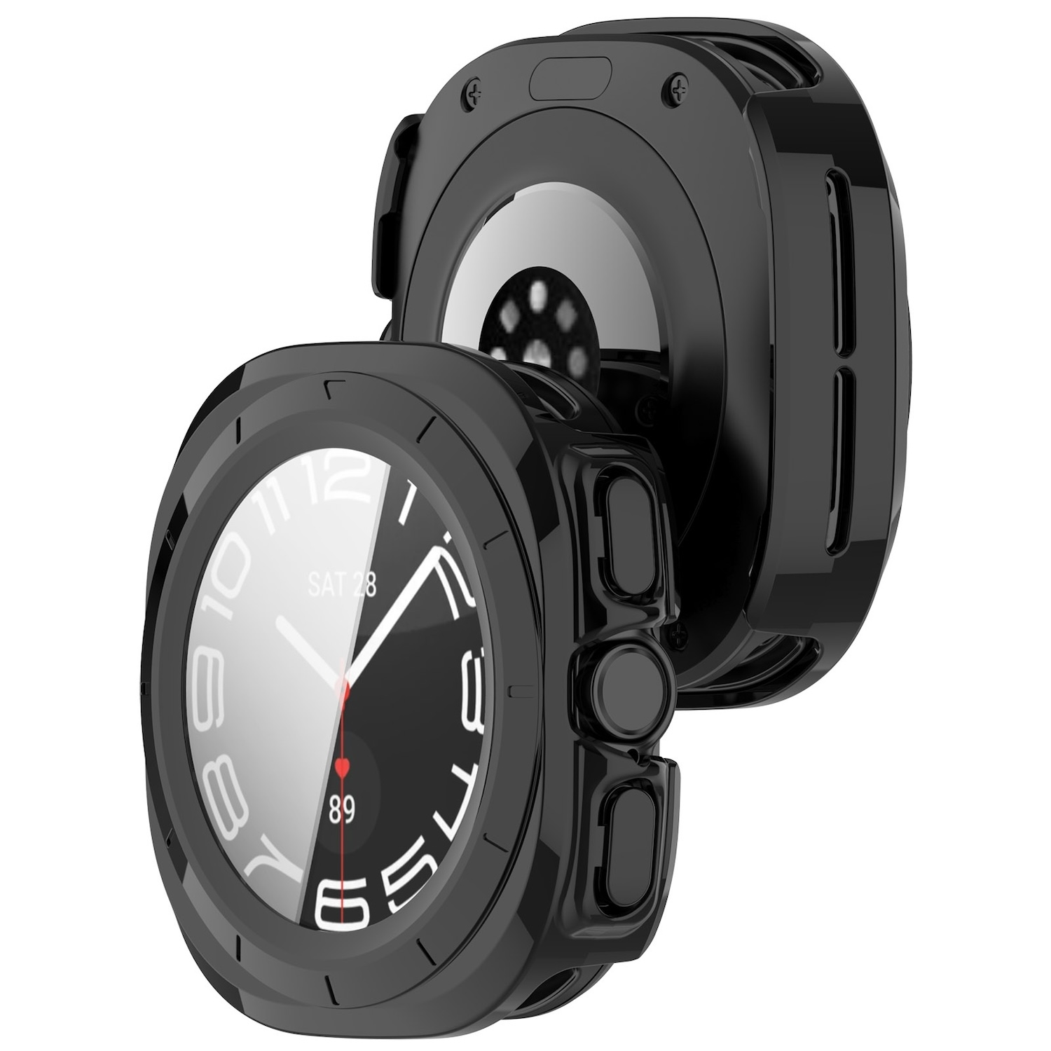 Schwarze Smartwatch mit schwarzem Gehäuse, Zifferblatt sichtbar.
