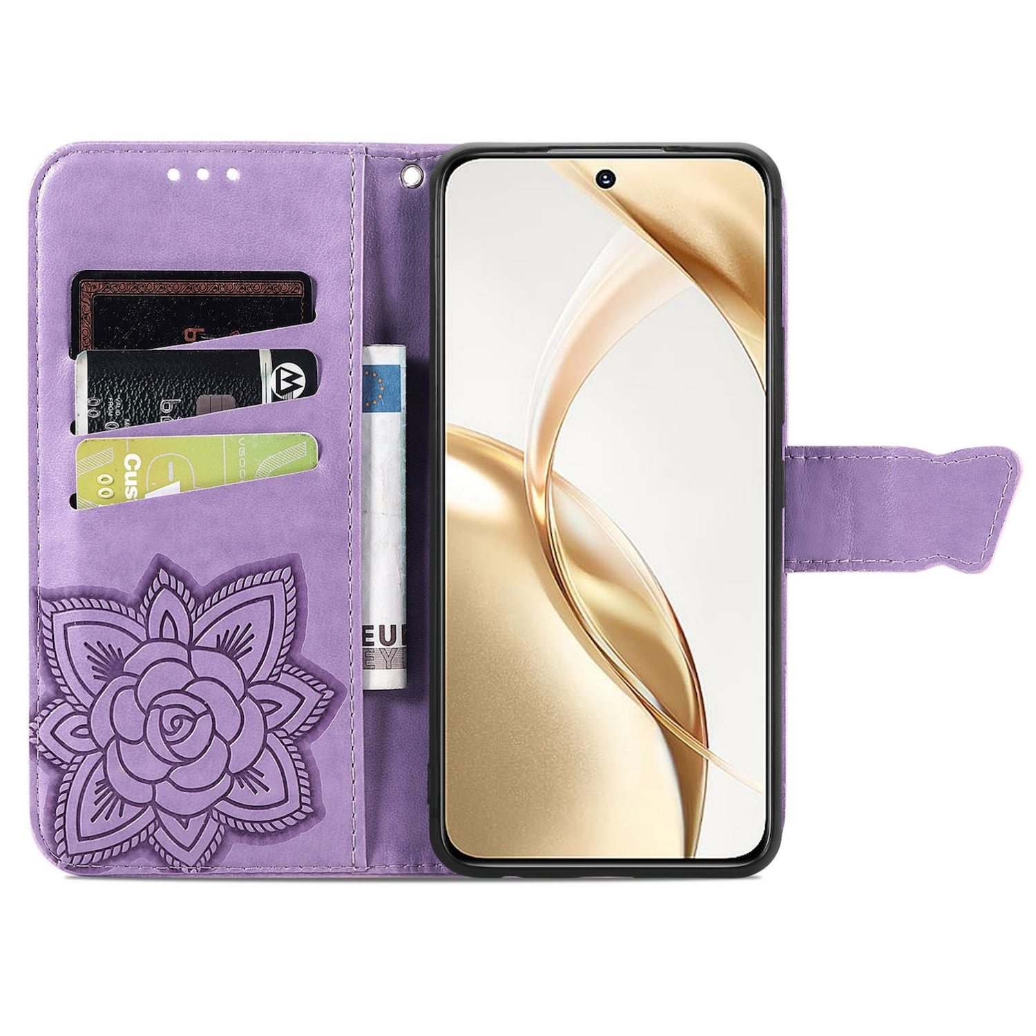 Geöffnete lila Handyhülle mit Karten, Bargeld und einem Telefon. Goldener Hintergrund.