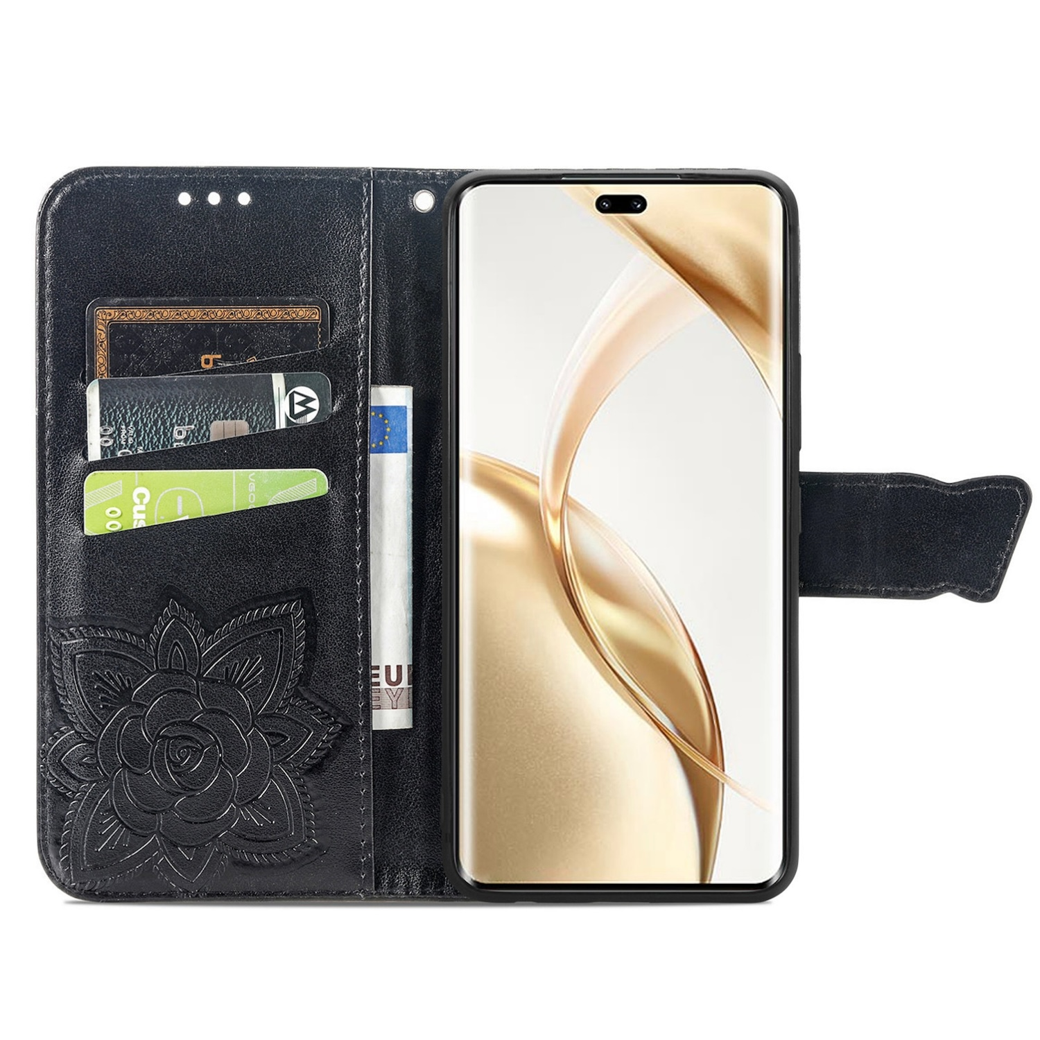 Schwarze Handy-Geldbörsenhülle mit floralem Design auf der Vorderseite. Im Inneren befinden sich Kartenfächer, ein Geldfach und ein Telefon.