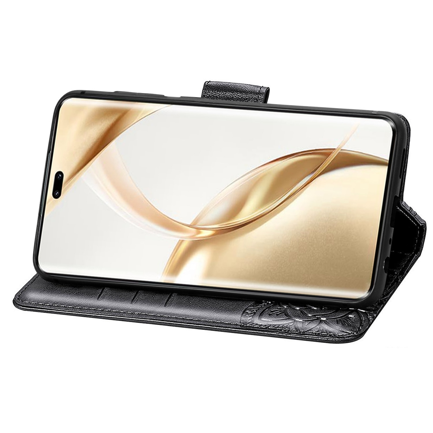 Eine schwarze Handyhülle mit Telefon, das ein goldenes Design auf dem Bildschirm zeigt.