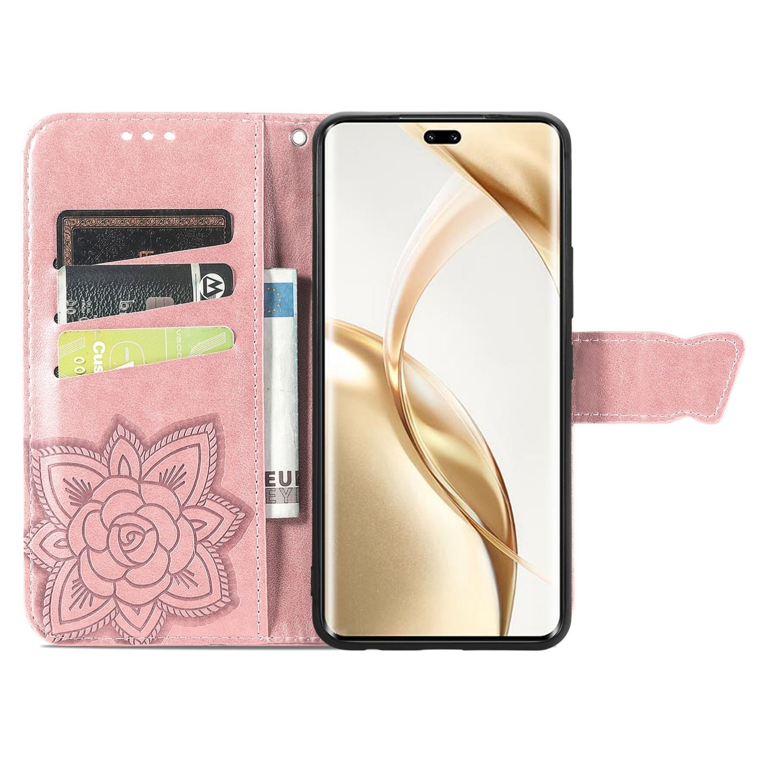 Eine rosa Handyhülle, teilweise geöffnet, mit Karten und einem Telefon. Auf der Vorderseite befindet sich ein Blumendesign.