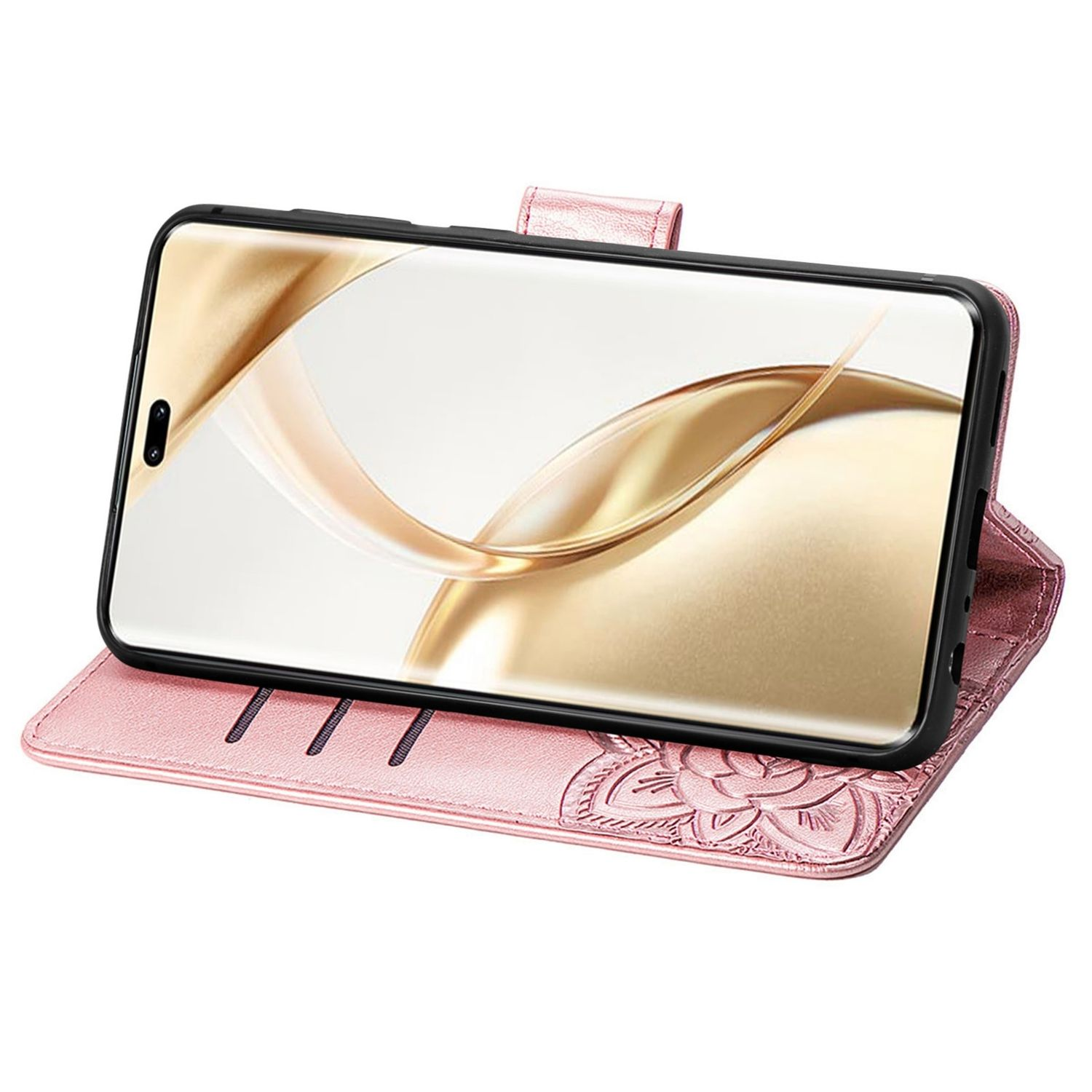 Eine rosa Leder-Handyhülle mit einem Telefon darin. Der Bildschirm des Telefons zeigt ein goldenes abstraktes Design.