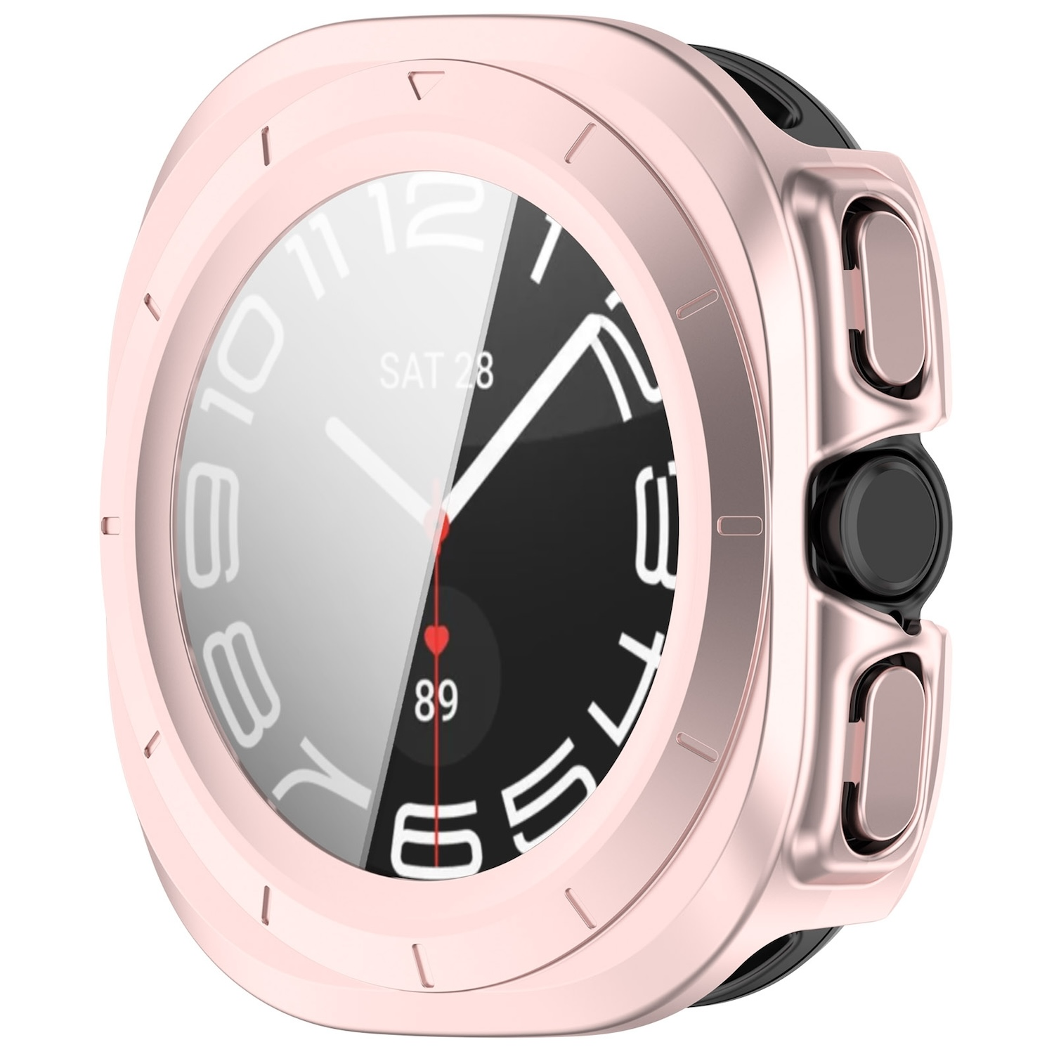 Roségoldene Smartwatch mit schwarzem Bildschirm, der Zeit und Datum anzeigt.