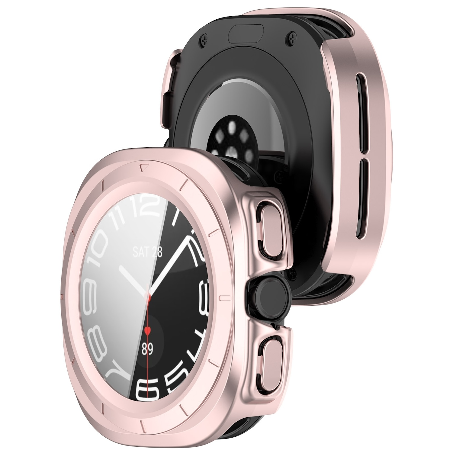 Smartwatch mit pinkfarbenem Gehäuse, zeigt Zeit und Gesundheitsdaten.