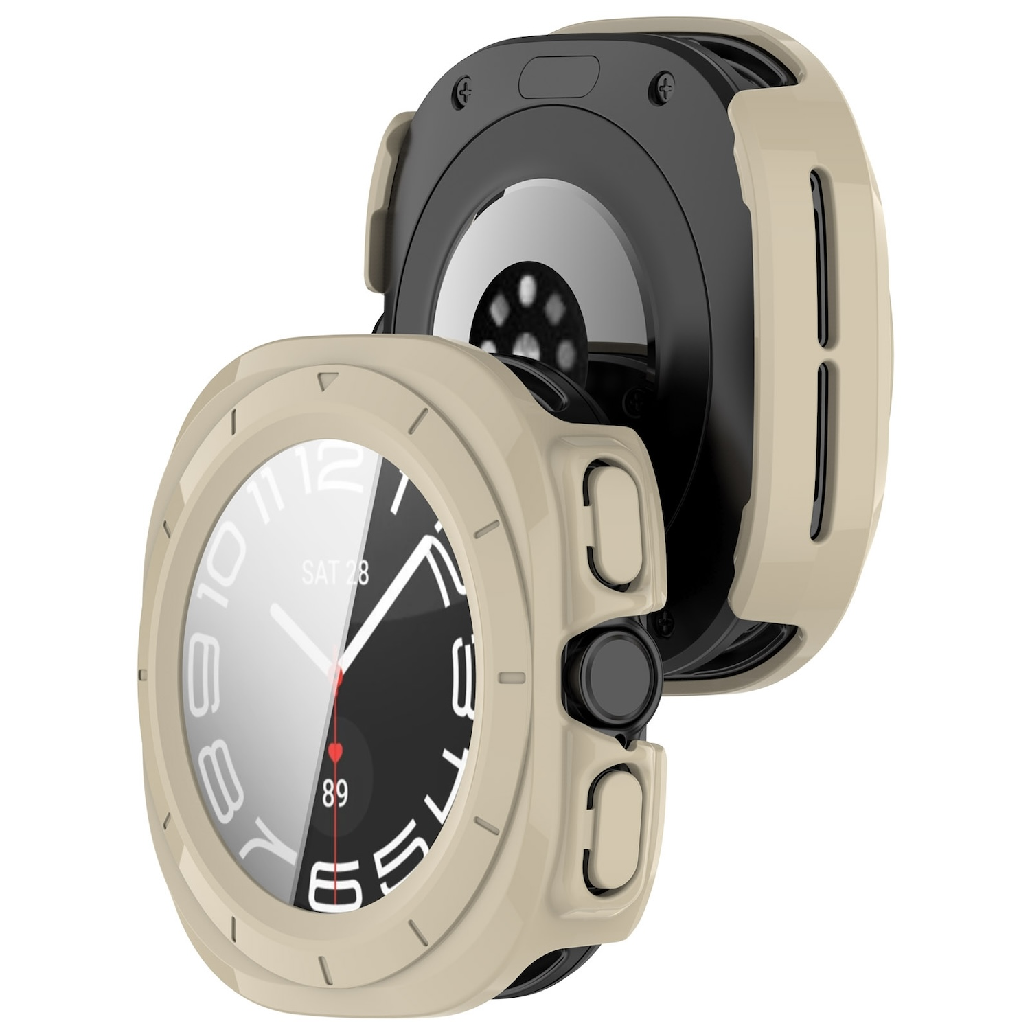 Ein beigefarbenes Smartwatch-Gehäuse, geöffnet, um das Zifferblatt zu zeigen. Das Zifferblatt ist schwarz und weiß mit Zahlen und Zeigern.