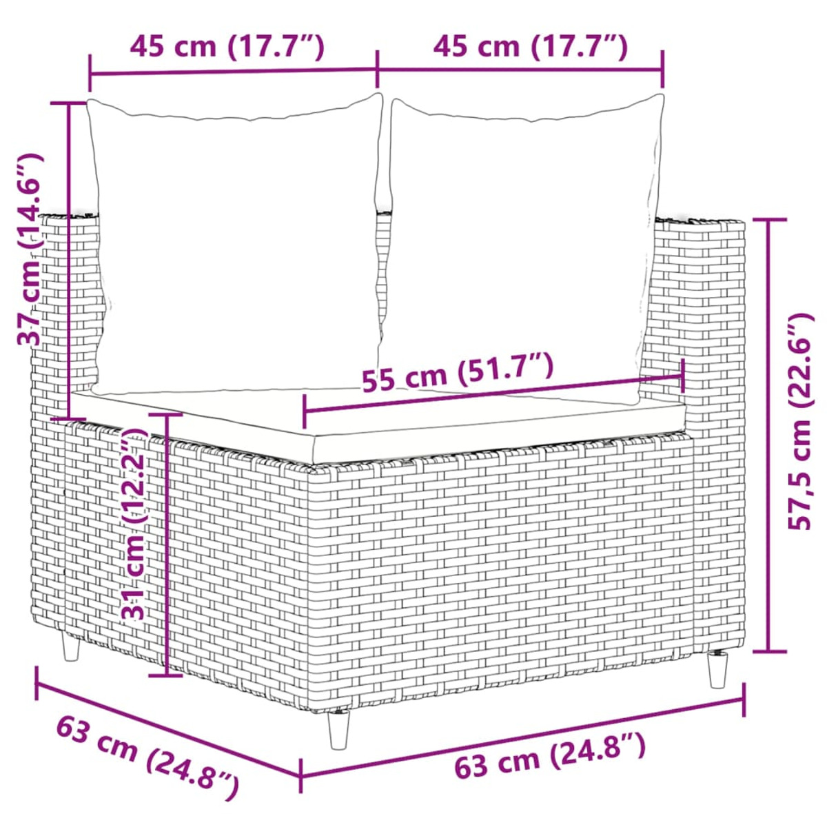 Ein Ecksofa aus Korbgeflecht im Freien mit Maßangaben. Es hat zwei weiße Kissen auf dem Sitz und zwei auf der Rückenlehne.