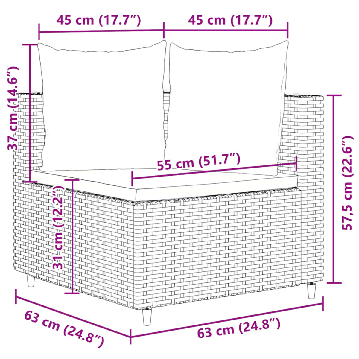 Divano da esterno in vimini con dimensioni. Due cuscini, un cuscino per seduta. Etichette di testo con misure.