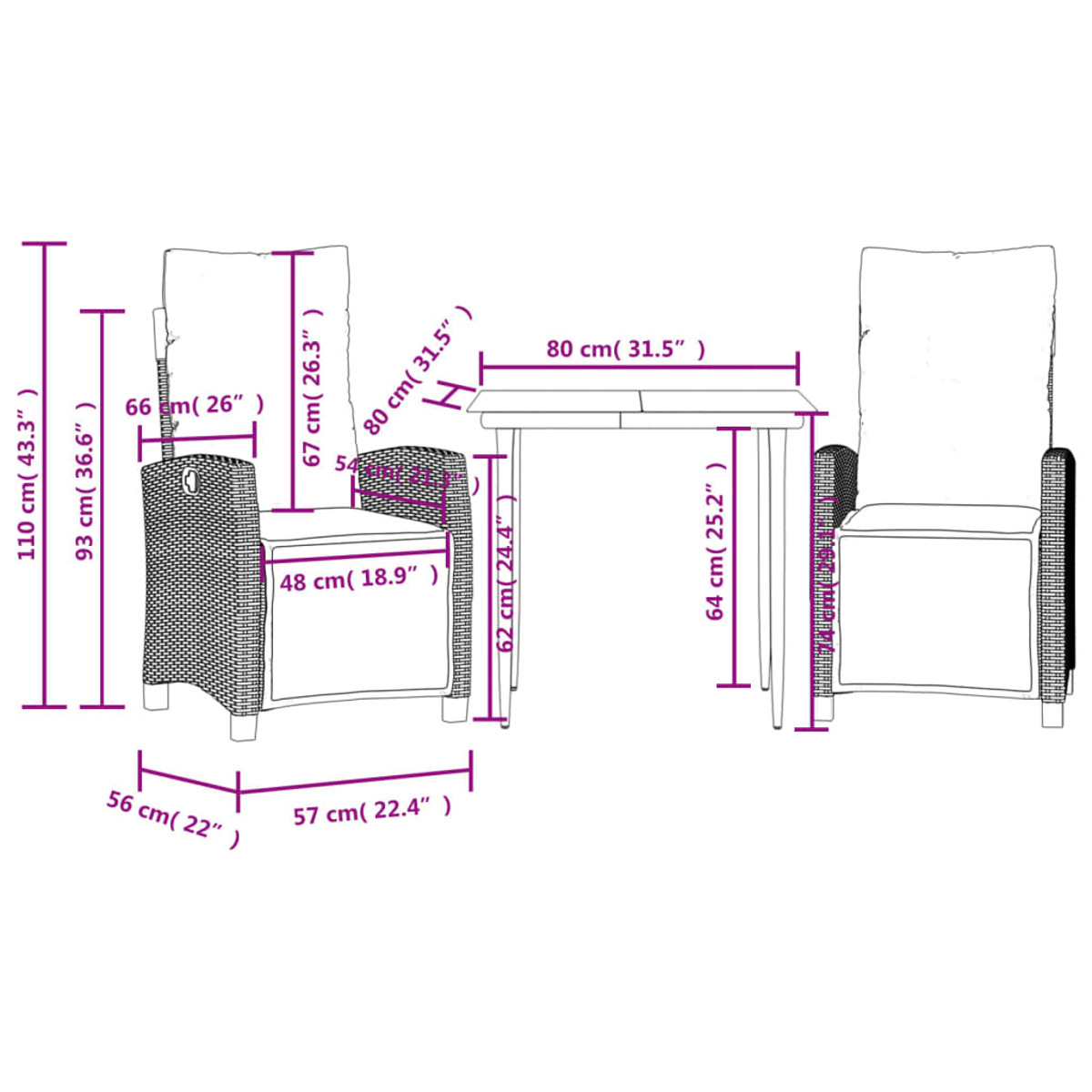 Set tavolo e sedia da esterno con dimensioni su sfondo bianco.