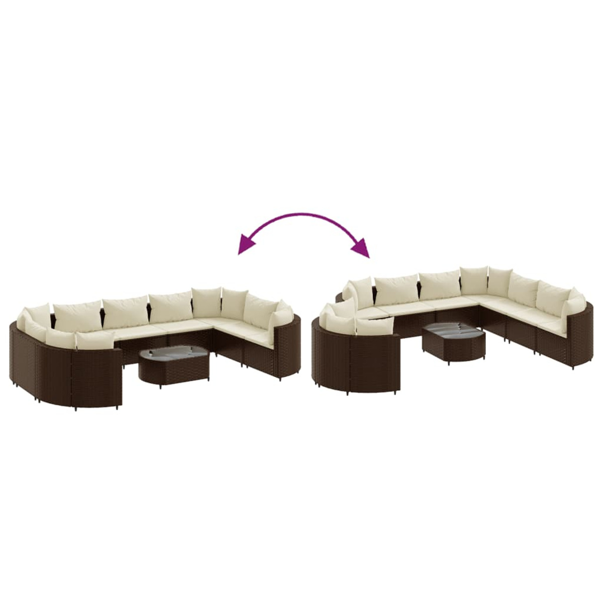 Ein modulares Outdoor-Sofaset. Eine Konfiguration ist bogenförmig, die andere halbkreisförmig.