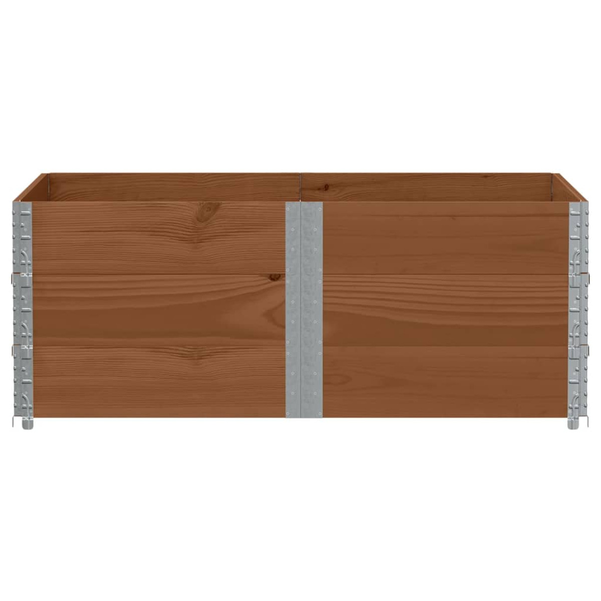 Fioriera da esterno in legno, colore marrone, con cerniere in metallo sui lati, sfondo bianco.