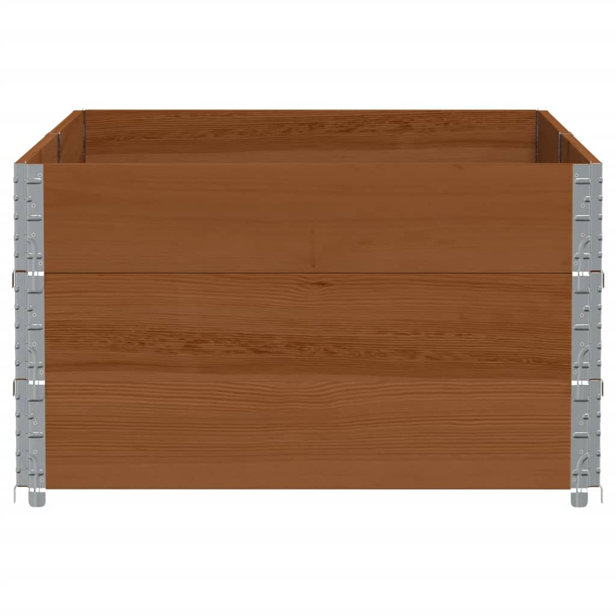 Un'aiuola di legno marrone con staffe metalliche su sfondo bianco.