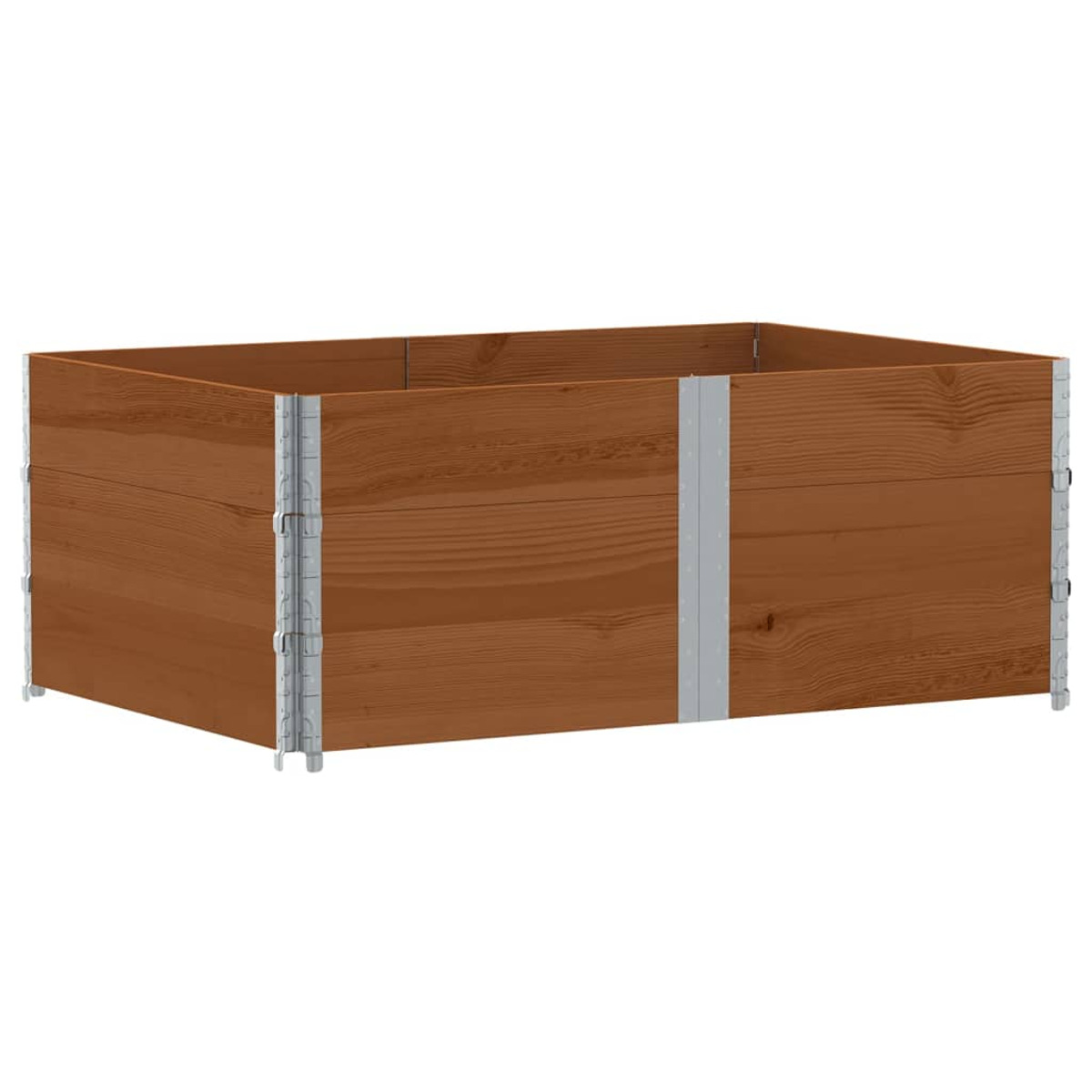 Aiuola rialzata in legno. Legno marrone, forma rettangolare, con supporti angolari in metallo.