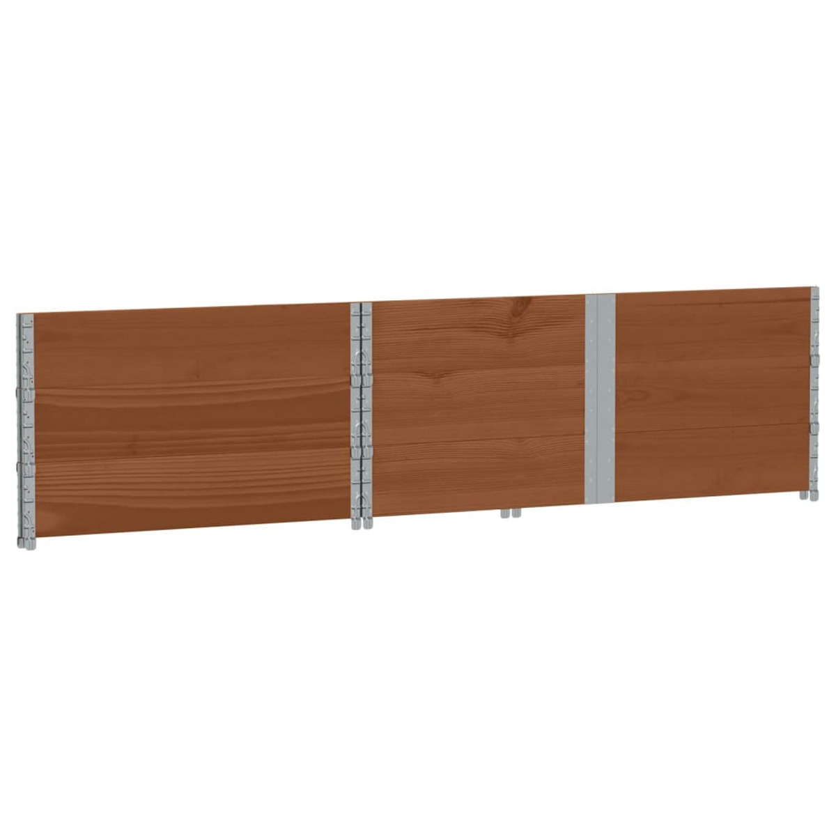 Pannelli di recinzione in legno con supporti in metallo grigio, vista orizzontale.