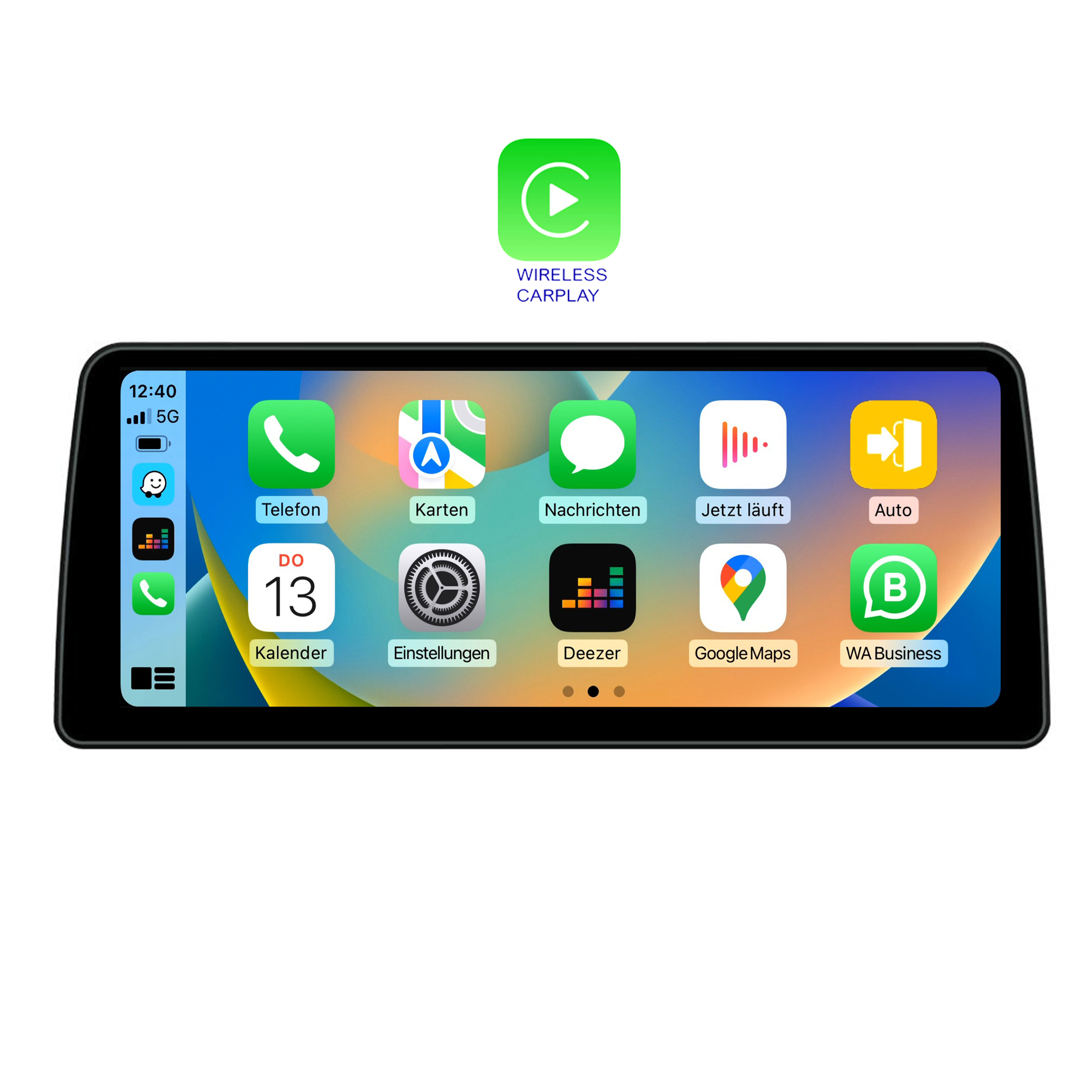 Auto-Bildschirm mit App-Symbolen. Zeigt Apps wie Telefon, Karten, Einstellungen und Google Maps.