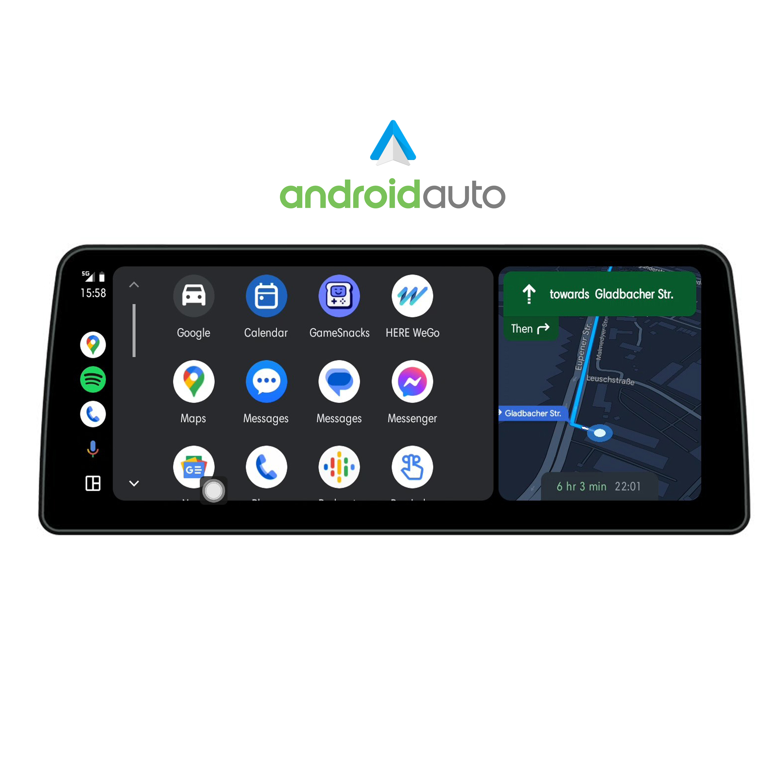 Android Auto Display mit App-Symbolen und Navigationskarte.
