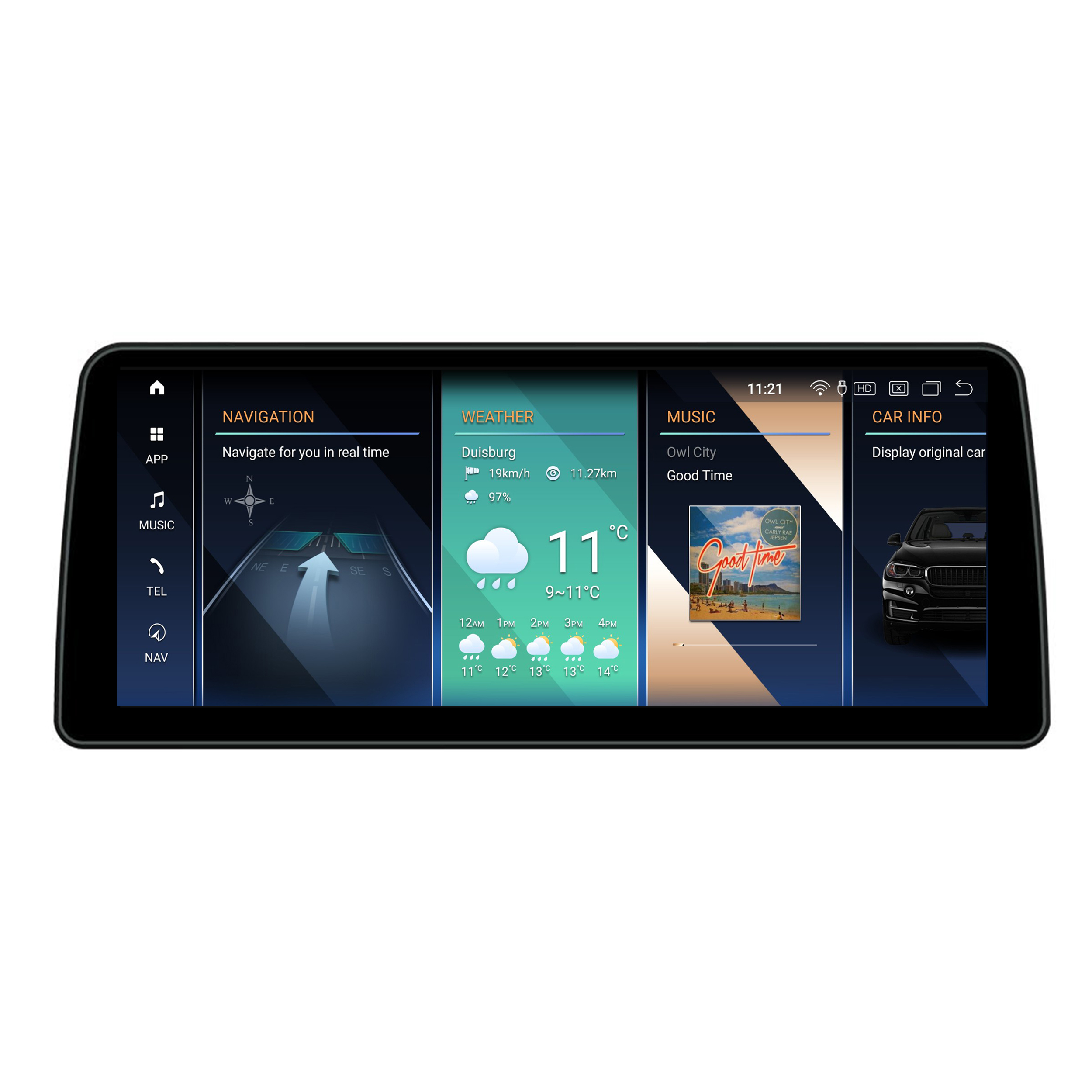Auto-Infotainment-Bildschirm zeigt Navigation, Wetter und Musik.