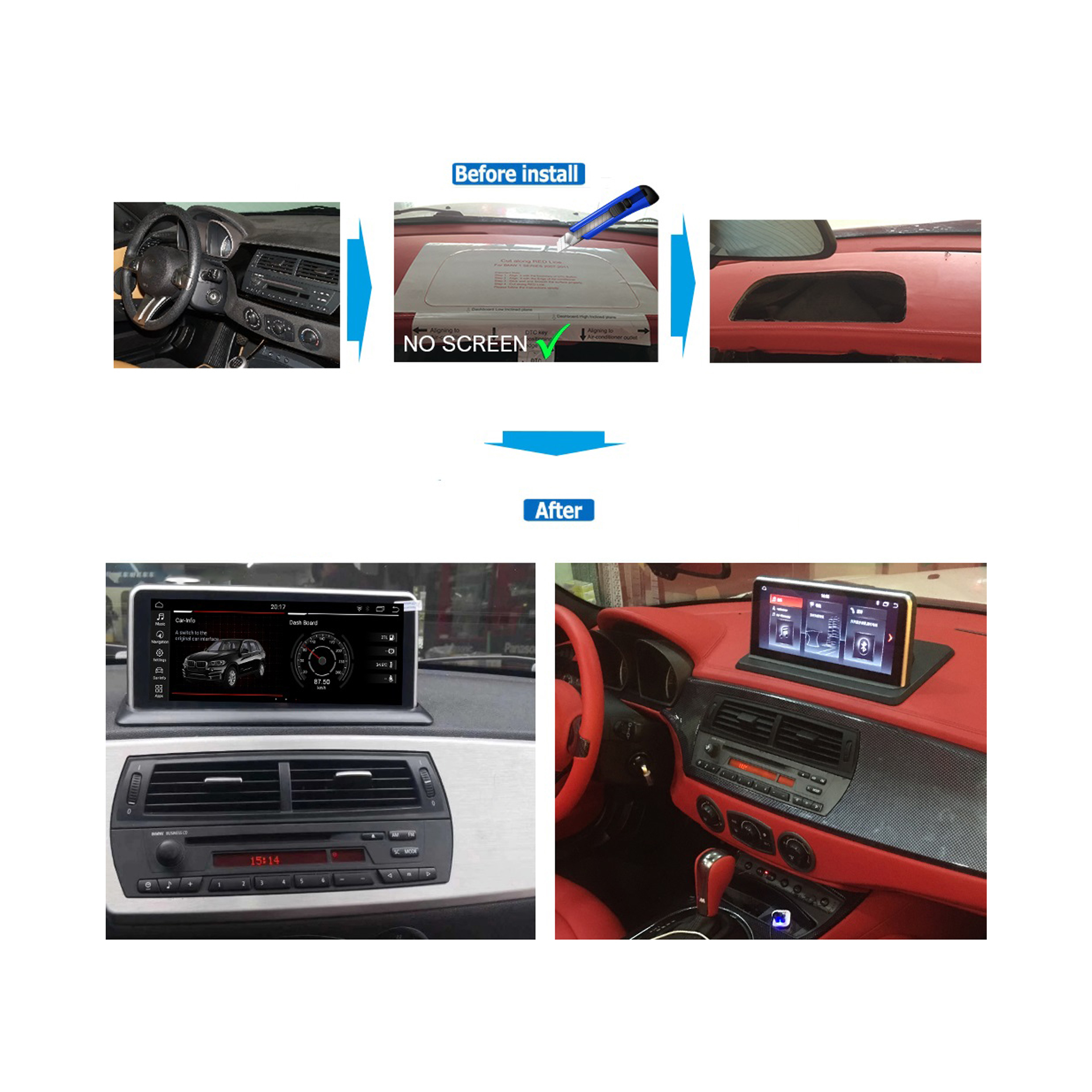 Auto-Innenraum vorher und nachher. Altes Display durch ein modernes ersetzt. Roter und schwarzer Innenraum.