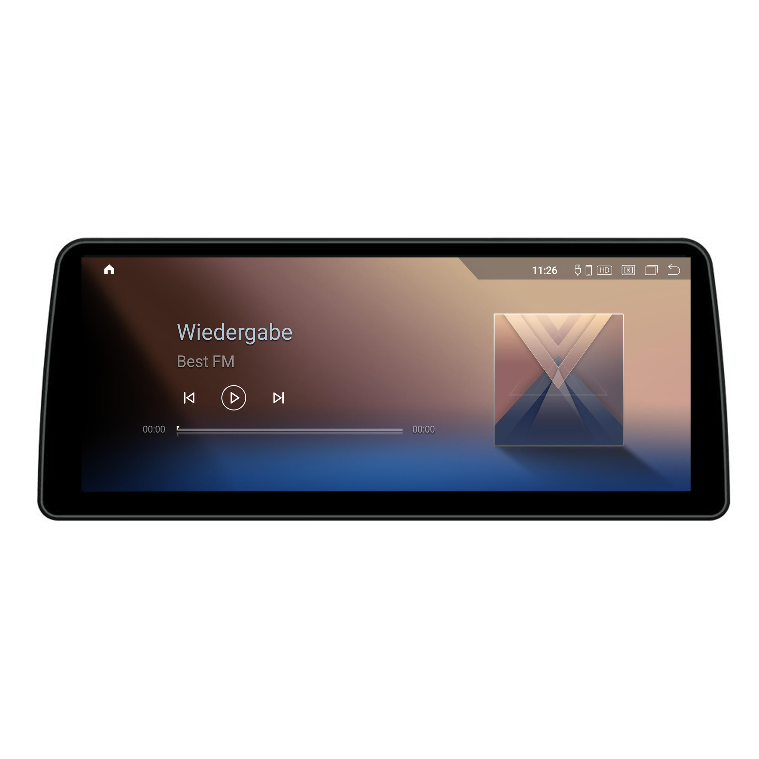 Ein schwarzer Auto-Bildschirm zeigt eine Musikplayer-Oberfläche mit Songinformationen und Wiedergabesteuerung.
