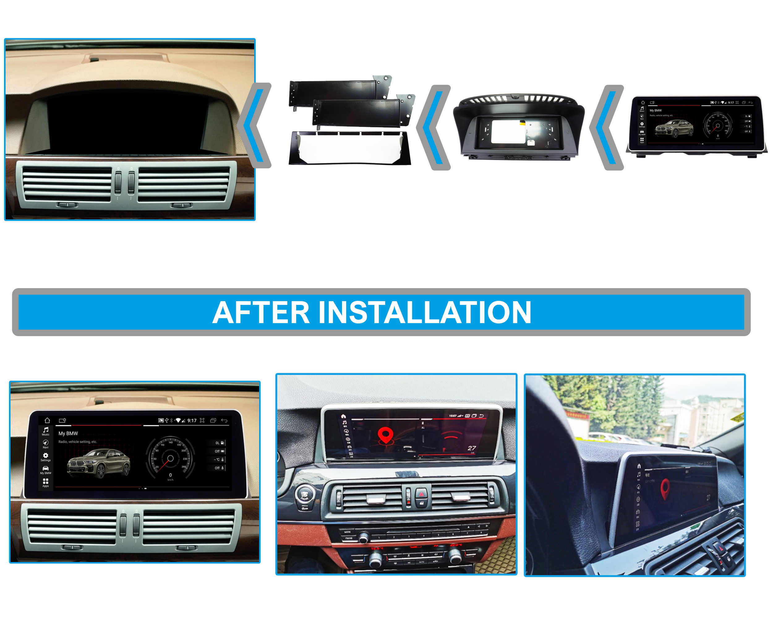 Bilder, die den Installationsprozess eines Infotainmentsystems eines Autos zeigen. Verschiedene Schritte des Systems.