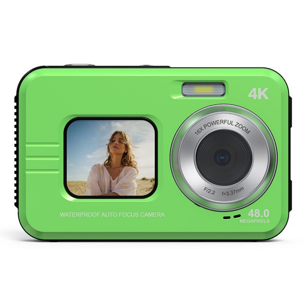 Grüne wasserdichte Kamera mit Bildschirm, der ein Foto einer Frau zeigt, Linse und 4K-Schriftzug.