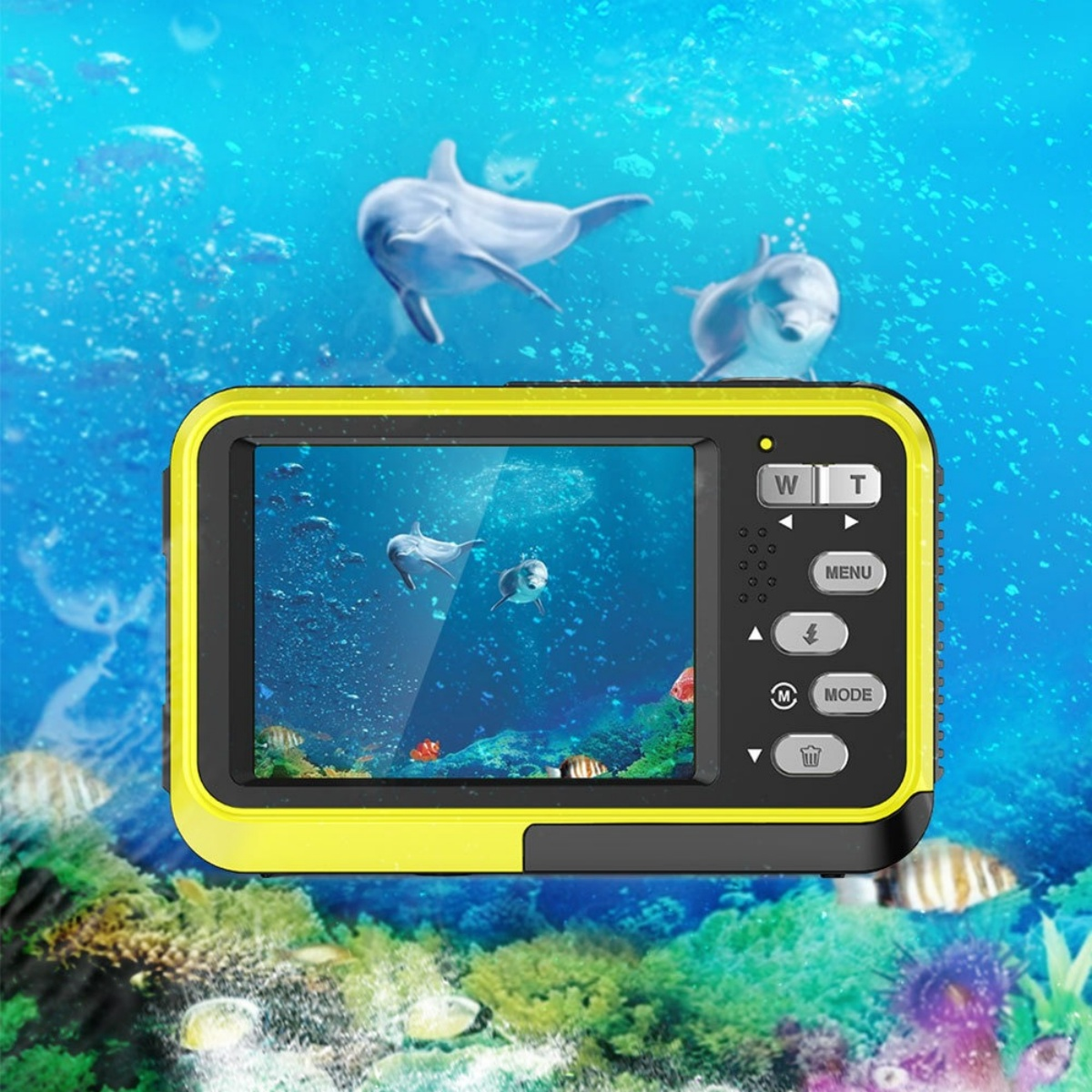 Gelbe Unterwasserkamera zeigt Delfine, Fische und Korallen, in lebendiger blauer Szene.