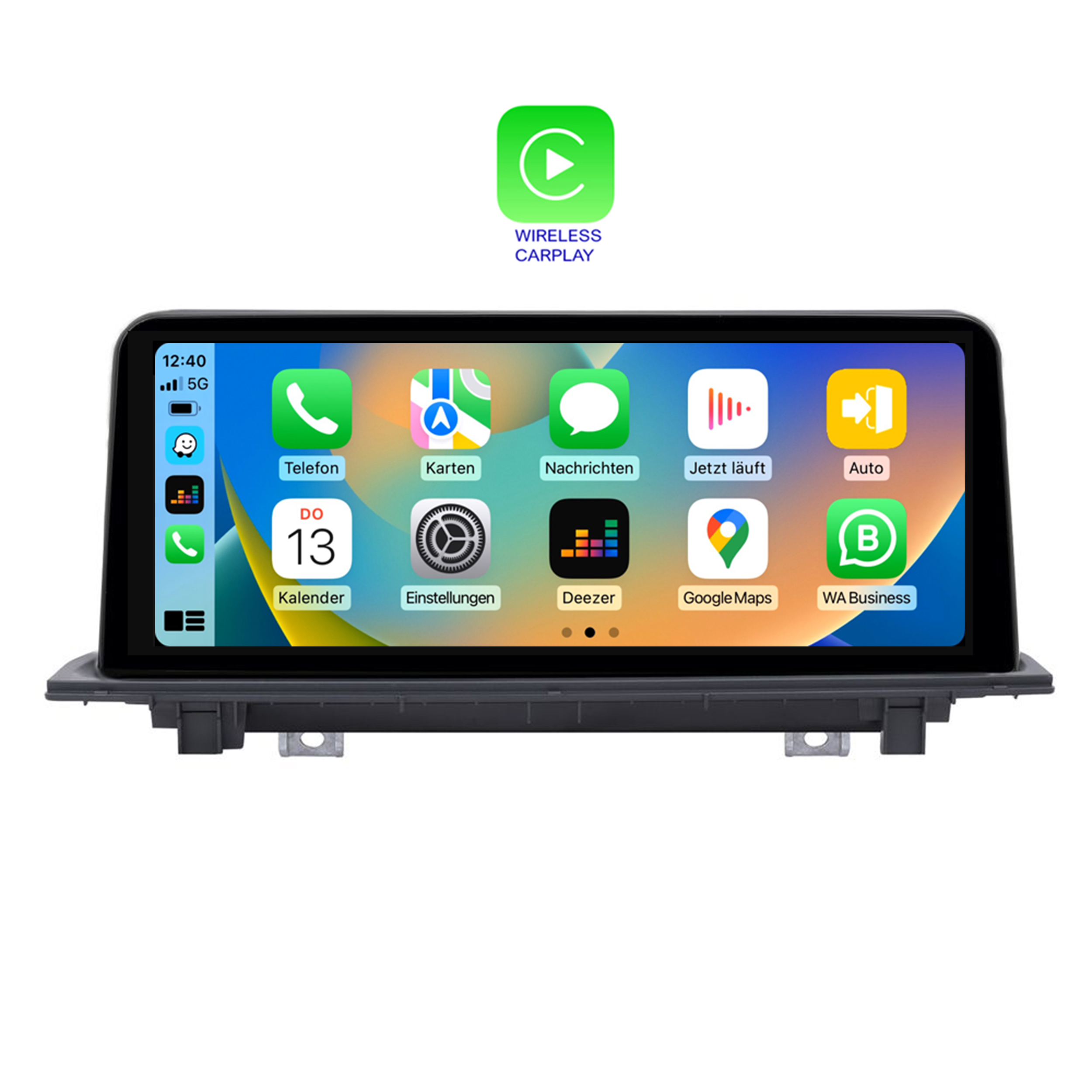 Auto-Bildschirm zeigt drahtlose CarPlay-Oberfläche. Der Bildschirm zeigt Anwendungssymbole auf weißem Hintergrund.