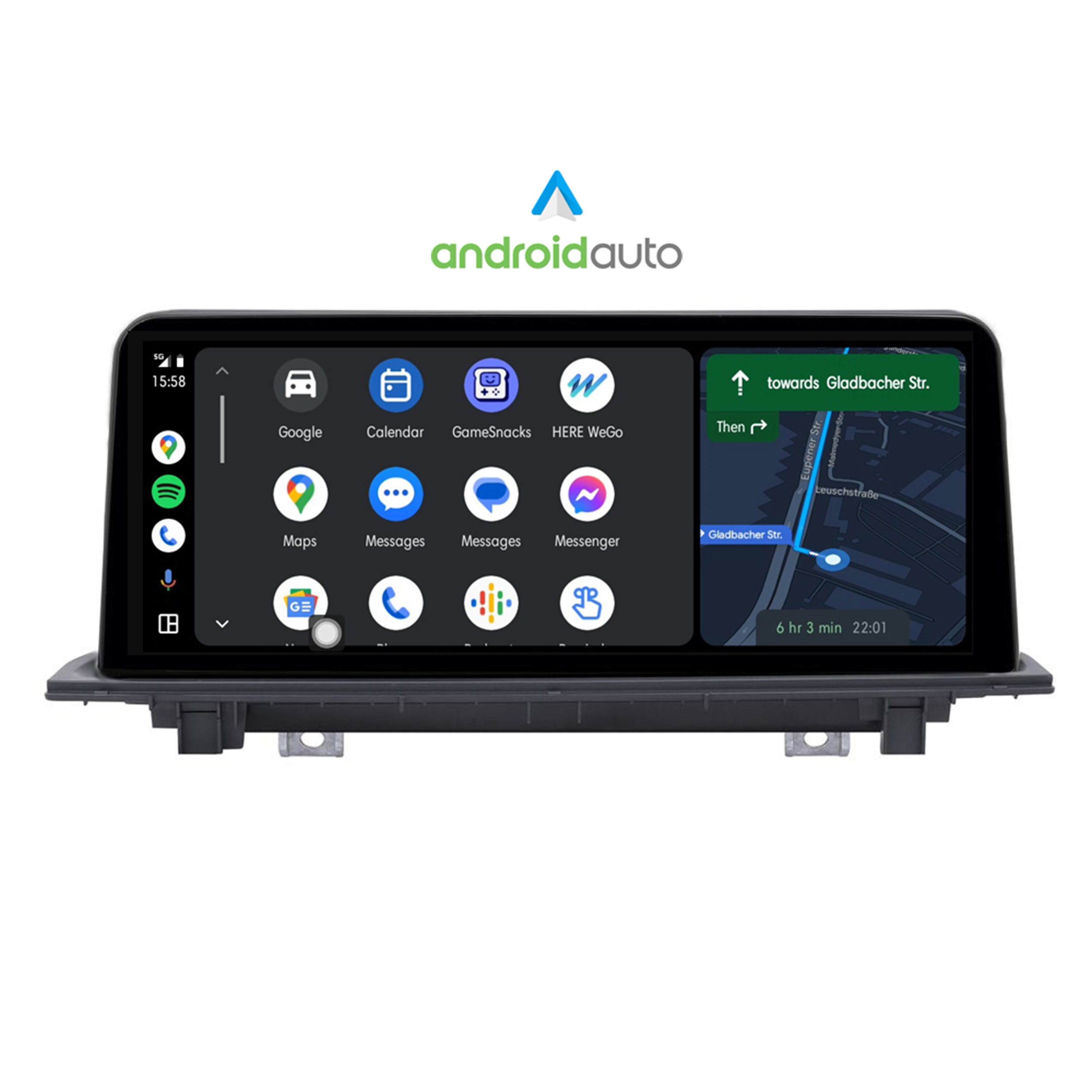 Ein Autoradio-Bildschirm mit Google Maps und anderen Apps. Der Bildschirm ist schwarz.