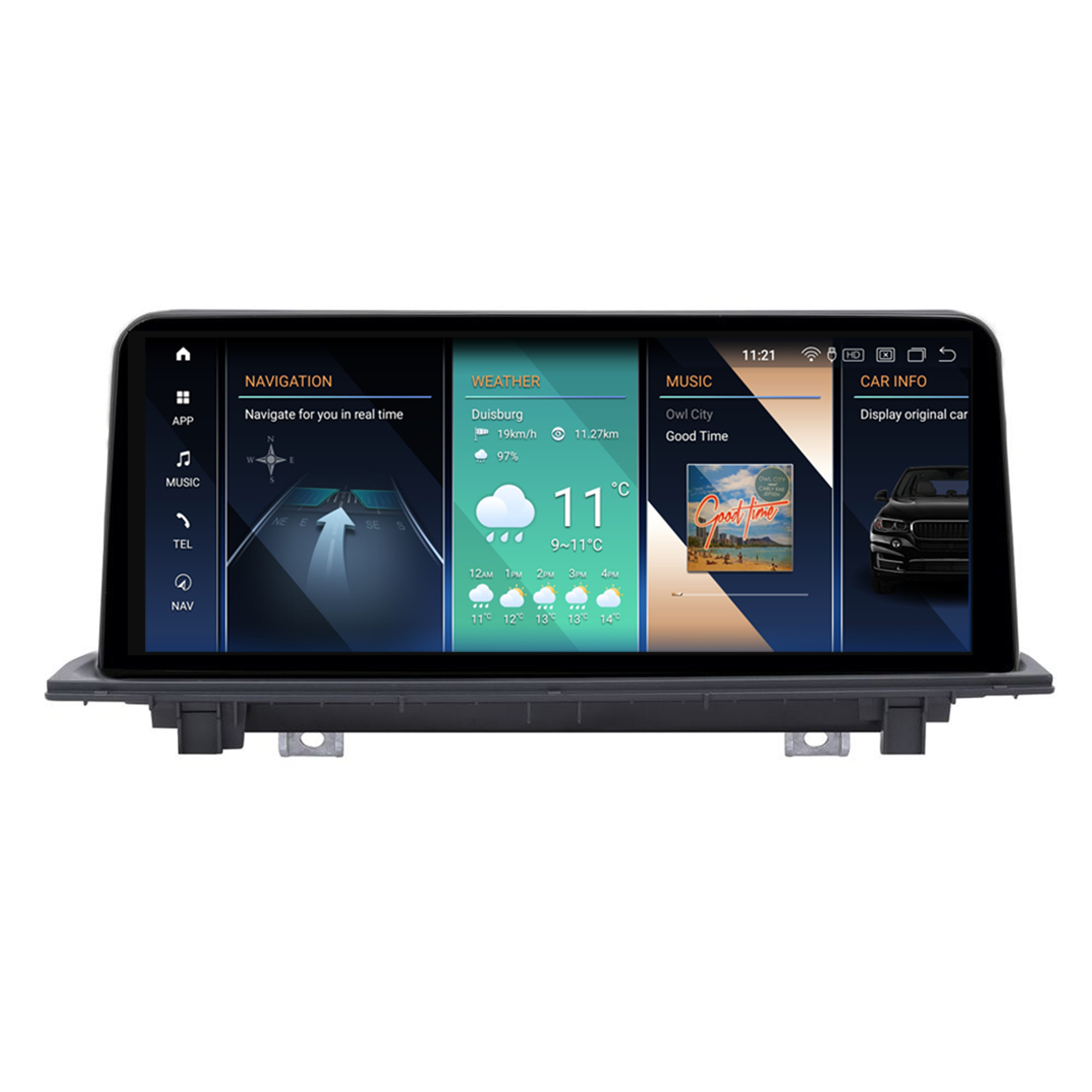 Auto-Infotainment-Bildschirm mit Navigation, Wetter, Musik und Fahrzeuginformationen.